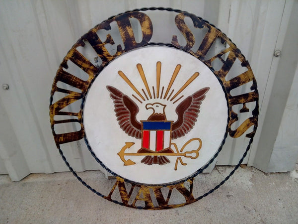 21" NAVY UNITED STATES MILITARY METAL RING, LETTERS WITH WOOD PLAQUE ART WESTERN HOME DECOR