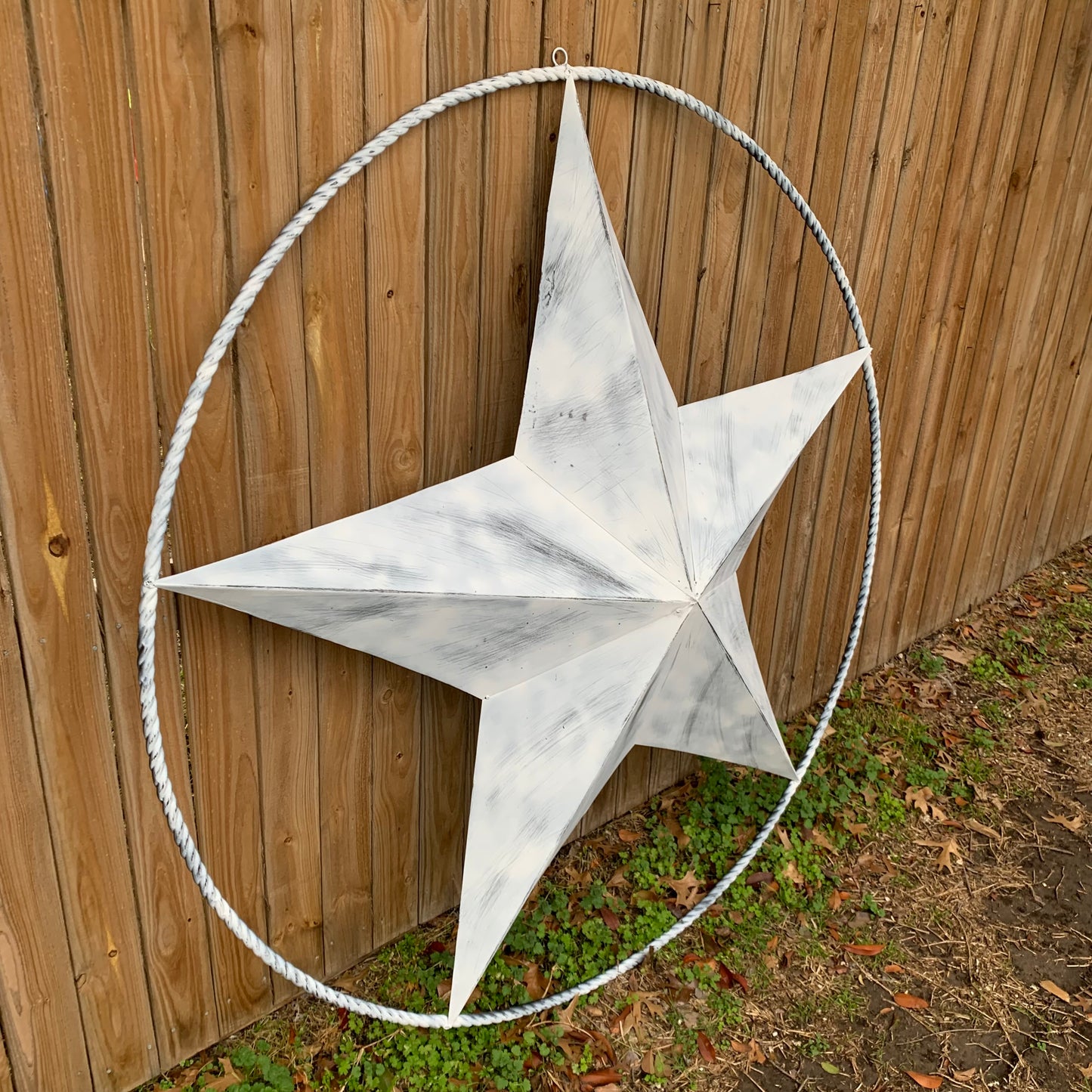 5 FOOT WHITE DISTRESSED STAR TWO TONE TEXTURE BARN STAR METAL LONESTAR TWISTED ROPE RING WESTERN HOME DECOR HANDMADE NEW