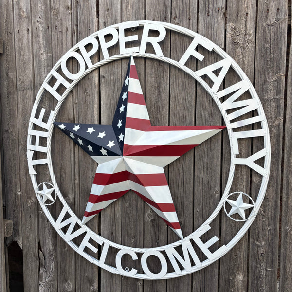 HOPPER STYLE YOUR CUSTOM NAME STAR METAL BARN 3d RED WHITE BLUE USA FLAG WITH WHITE TWIST ROPE RING WESTERN HOME DECOR HANDMADE, 24",36",40"