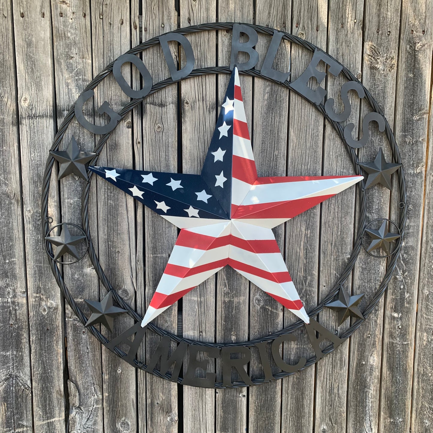 GOD BLESS AMERICA USA FLAG 3d STAR METAL BARN STAR BLACK TWISTED ROPE RING WALL ART WESTERN HOME DECOR RED WHITE & BLUE HANDMADE NEW #EH10490