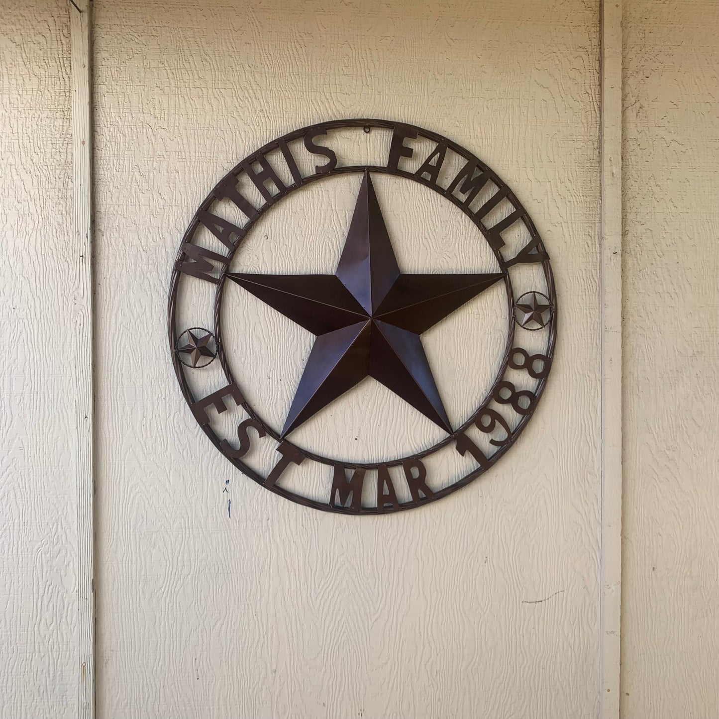 MATHIS STYLE CUSTOM NAME STAR BARN STAR 3d METAL LONESTAR TWISTED ROPE RING WESTERN HOME DECOR RUSTIC BRONZE COPPER HANDMADE 24",32",36",50"