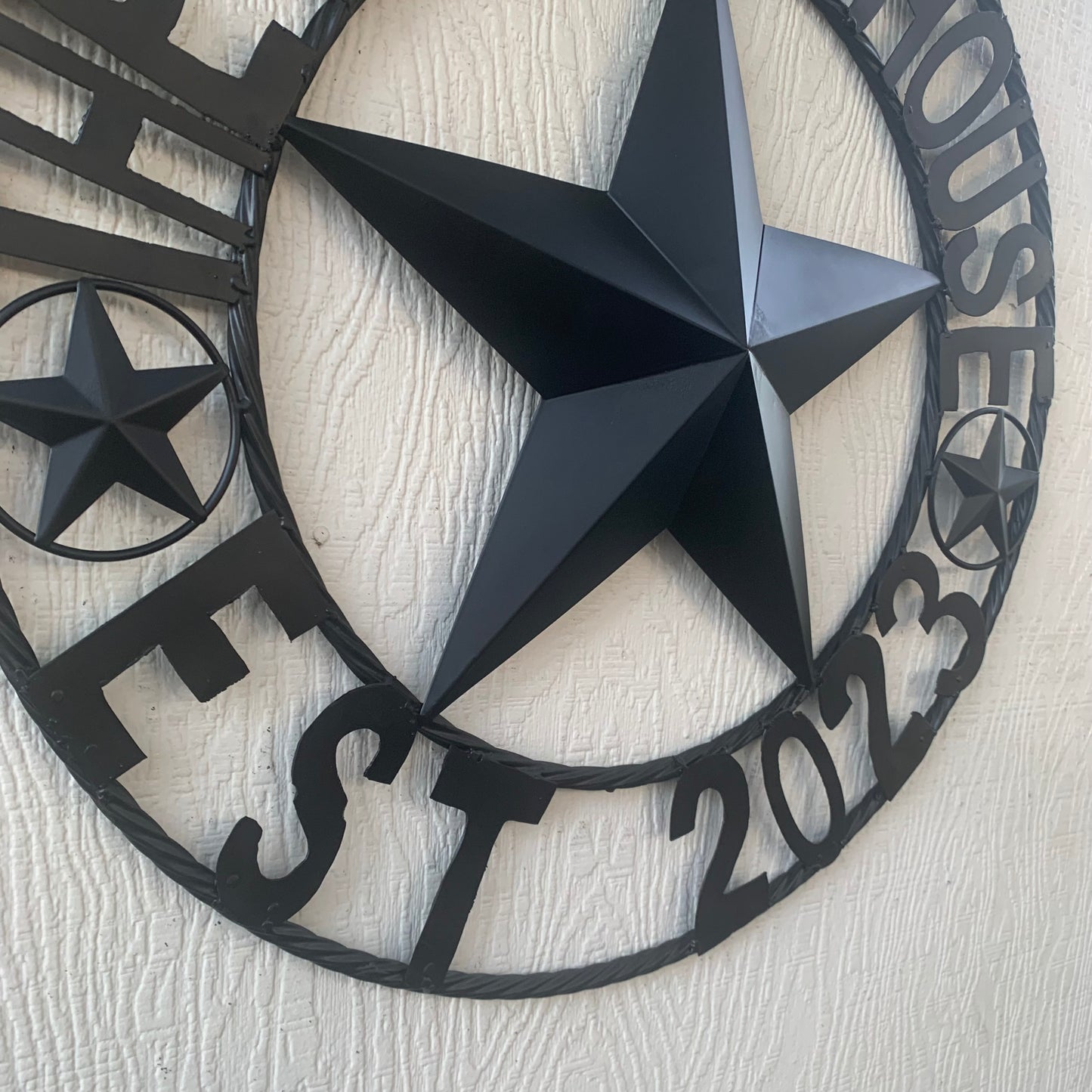 BARKER STYLE CUSTOM NAME STAR BARN METAL STAR 3d TWISTED ROPE RING LONESTAR WESTERN HOME DECOR RUSTIC BLACK HANDMADE 24",32",36",50"