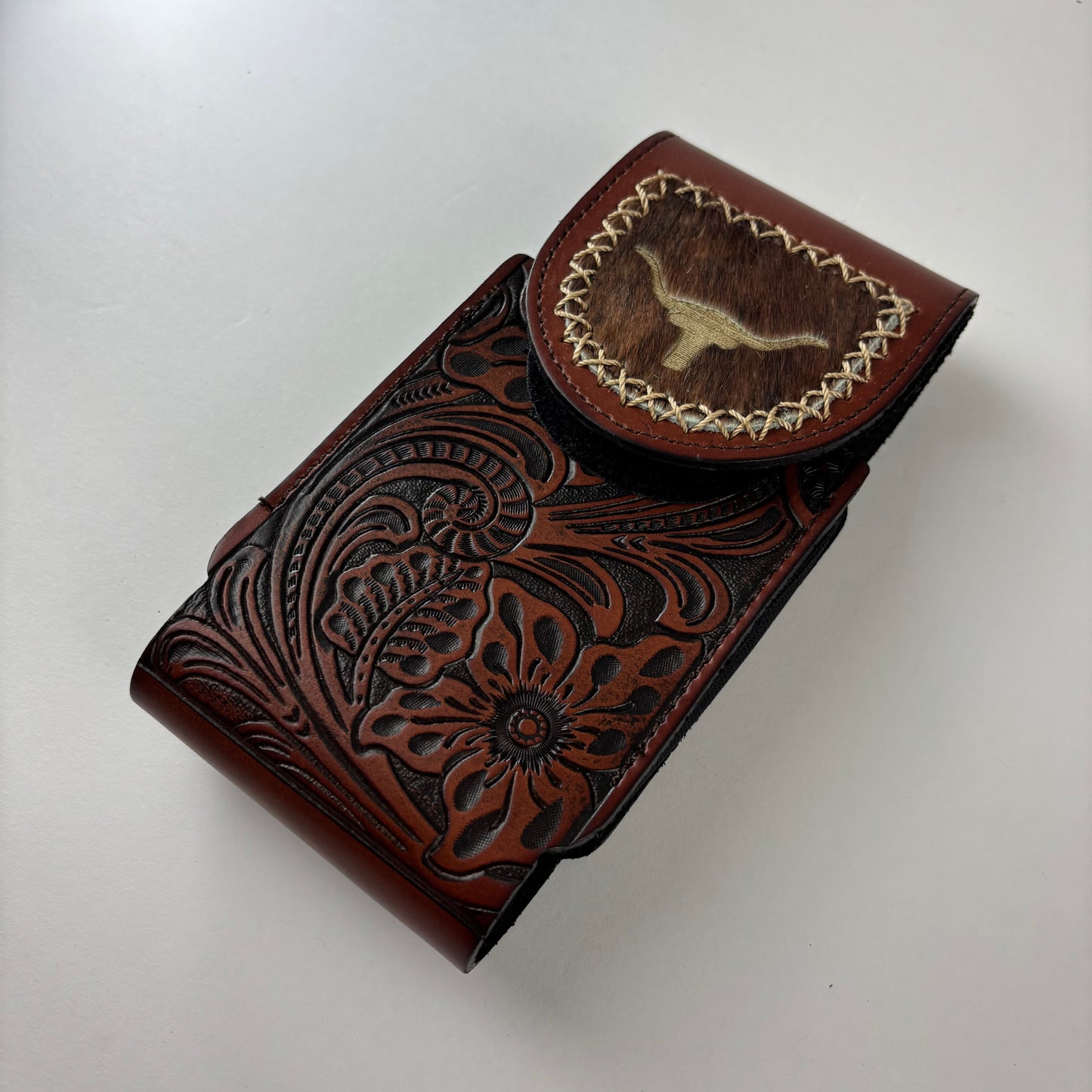 7" LONGHORNS LEATHER HOLSTER BROWN POUCH EXTRA LARGE  BELT LOOP CELL PHONE CASE UNIVERSAL OVERSIZE #EH13321