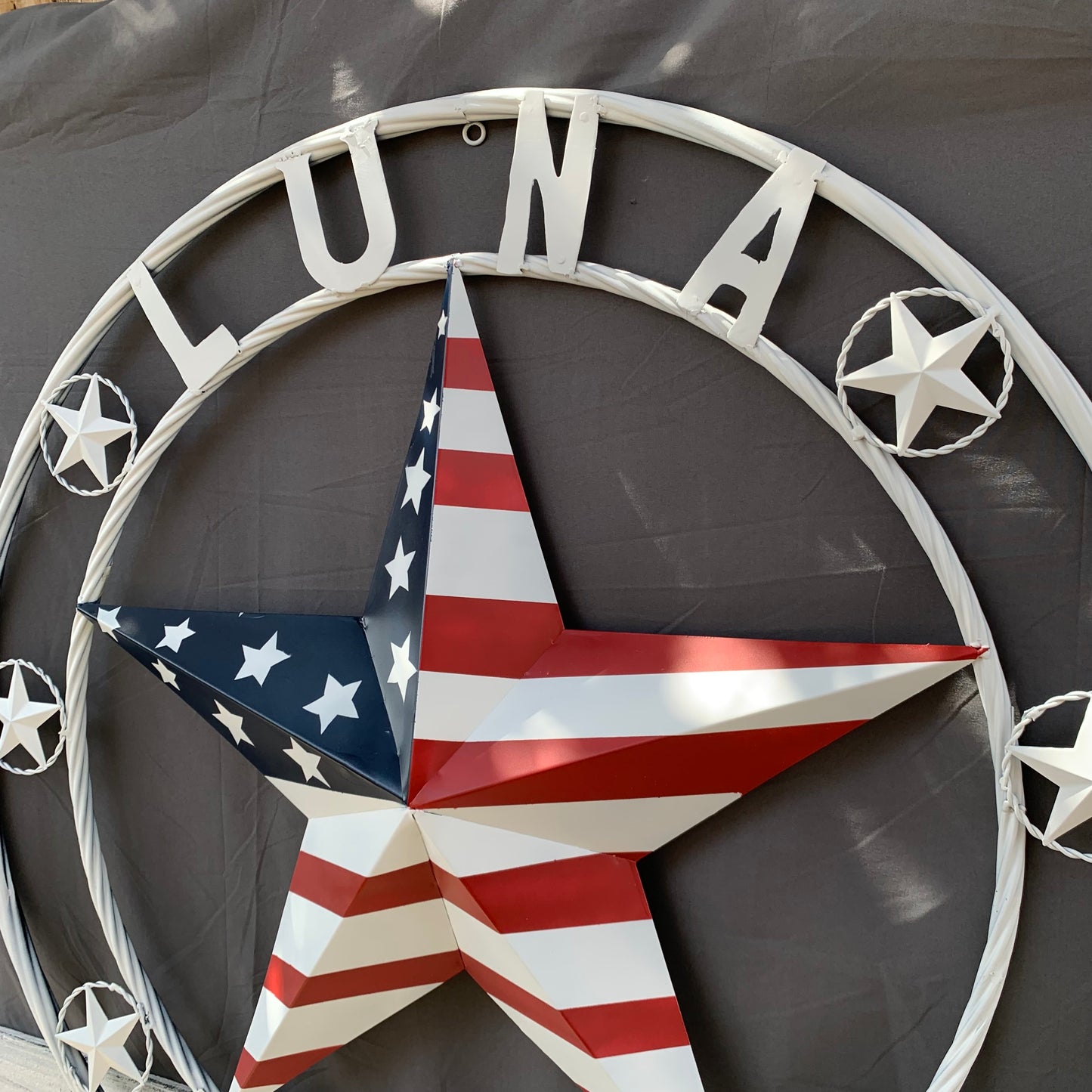 LUNA STYLE CUSTOM NAME BARN STAR METAL STAR 3d TWISTED ROPE RING WESTERN HOME DECOR USA FLAG STAR RED WHOTE & BLUE WITH WHITE RING HANDMADE 24",32",36",50"