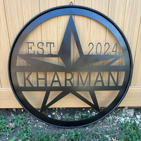 30" KHARMAN CUSTOM NAME SIGN LASERCUT CUSTOM METAL VINTAGE CRAFT SIGN WITH TWISTED ROPE RING WESTERN HOME DECOR HANDMADE NEW