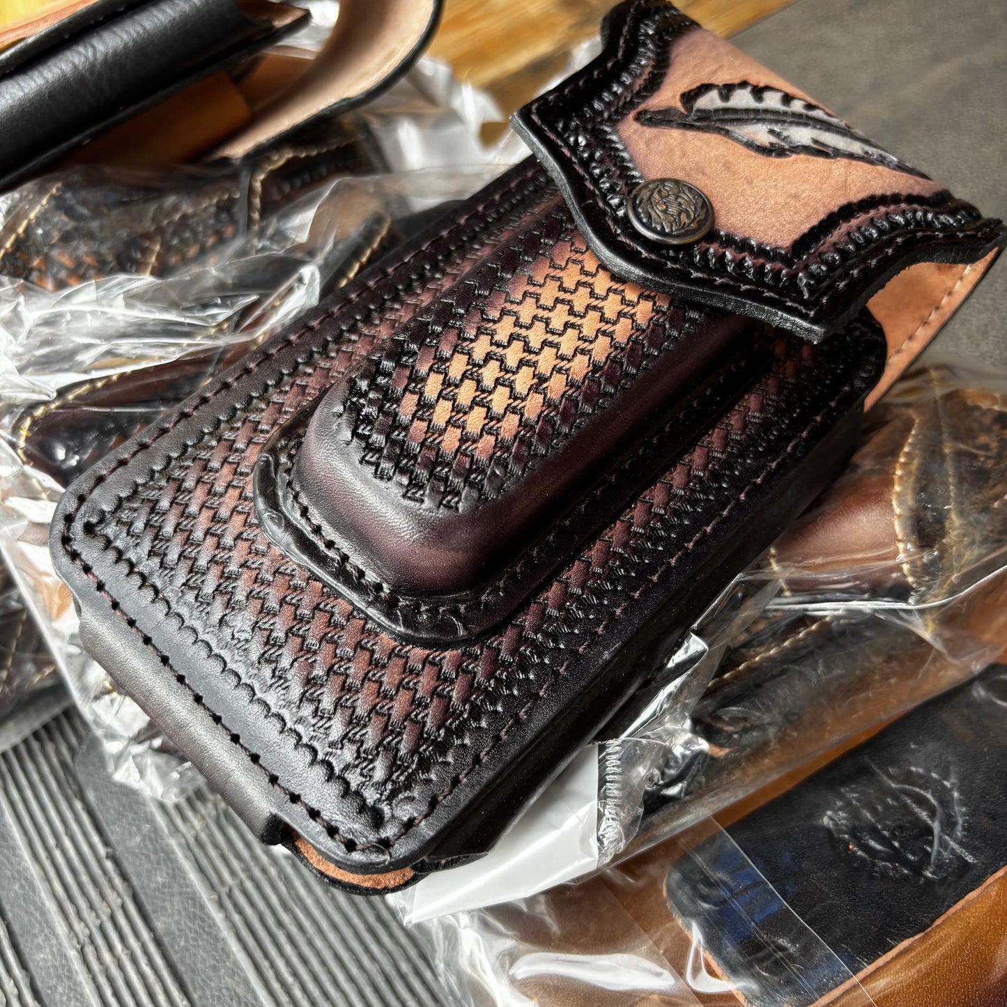 LEAF LEATHER HOLSTER 7" PHONE POUCH WITH KNIFE HOLDER FRONT EXTRA LARGE  BELT LOOP CELL PHONE CASE UNIVERSAL OVERSIZE MEXICO MADE #EH