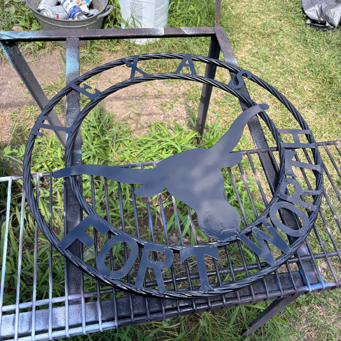 TEXAS FORT WORTH METAL SIGN LONGHORNS BLACK WESTERN HOME DECOR HANDMADE