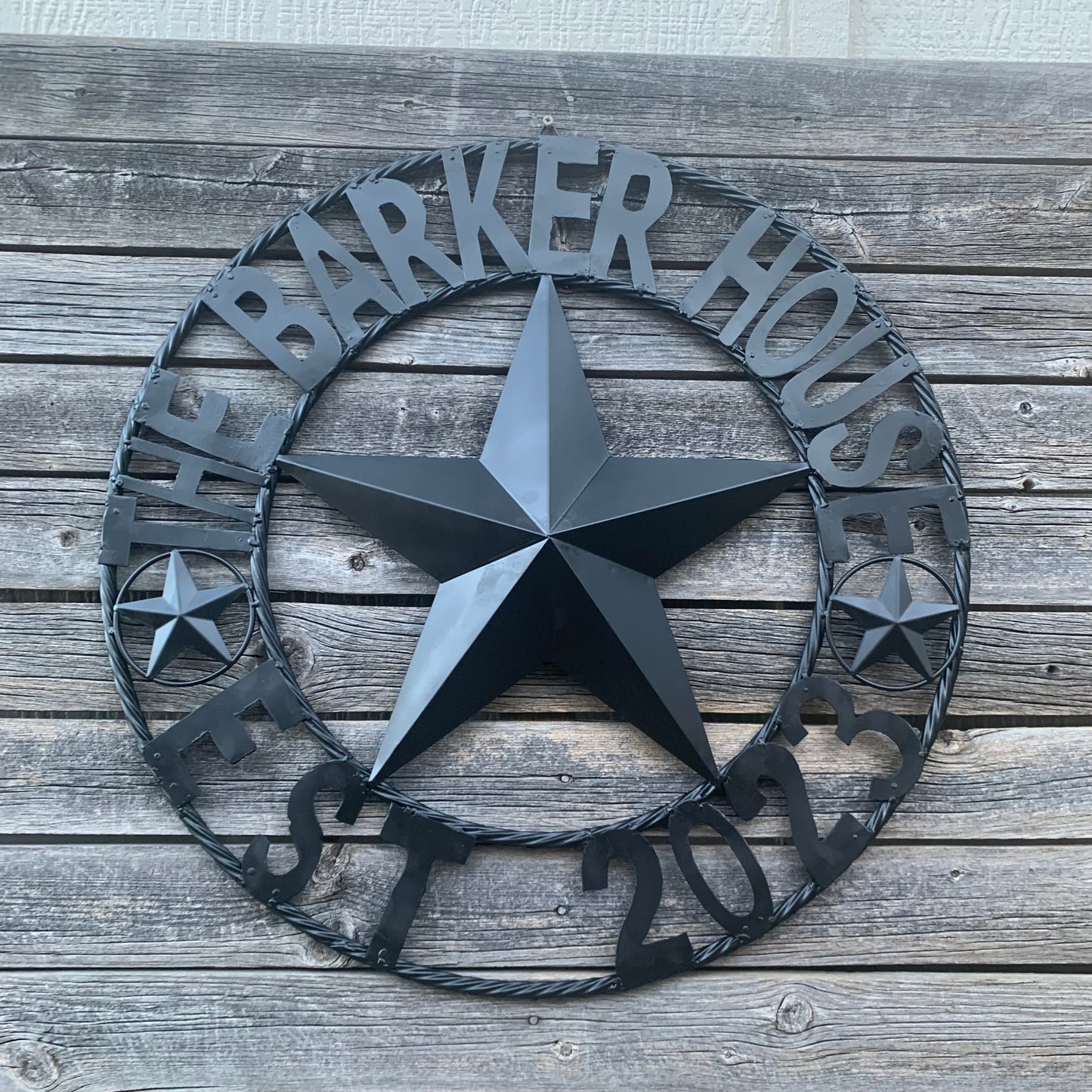 BARKER STYLE CUSTOM NAME STAR BARN METAL STAR 3d TWISTED ROPE RING LONESTAR WESTERN HOME DECOR RUSTIC BLACK HANDMADE 24",32",36",50"