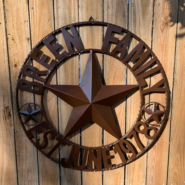 BREEN FAMILY STYLE CUSTOM NAME STAR BARN METAL STAR 3d TWISTED ROPE RING WESTERN HOME DECOR RUSTIC BROWN HANDMADE 24",32",36",50"