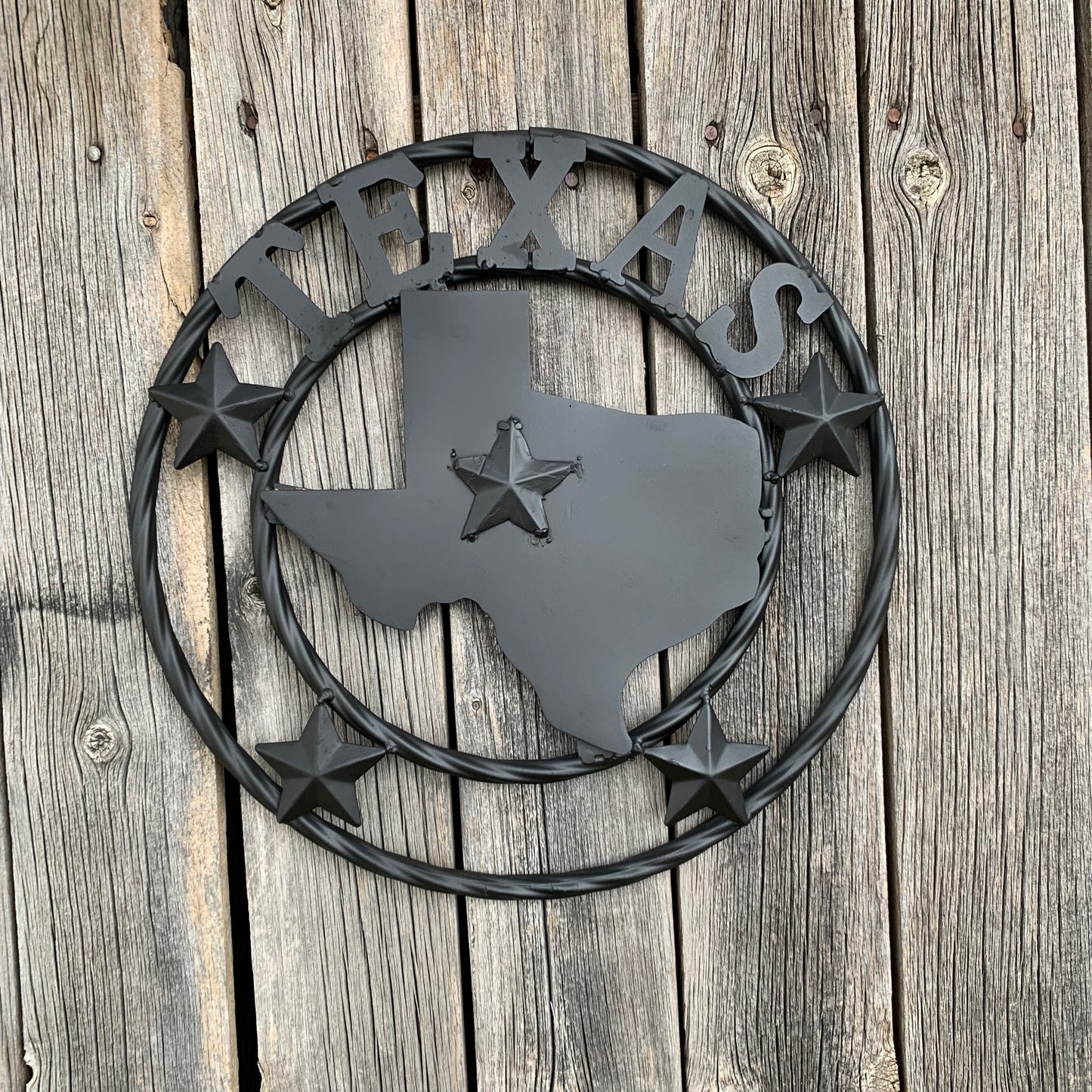 12" STATE OF TEXAS MAP RUSTIC BLACK TWISTED RING METAL SIGN WESTERN HOME DECOR HANDMADE NEW