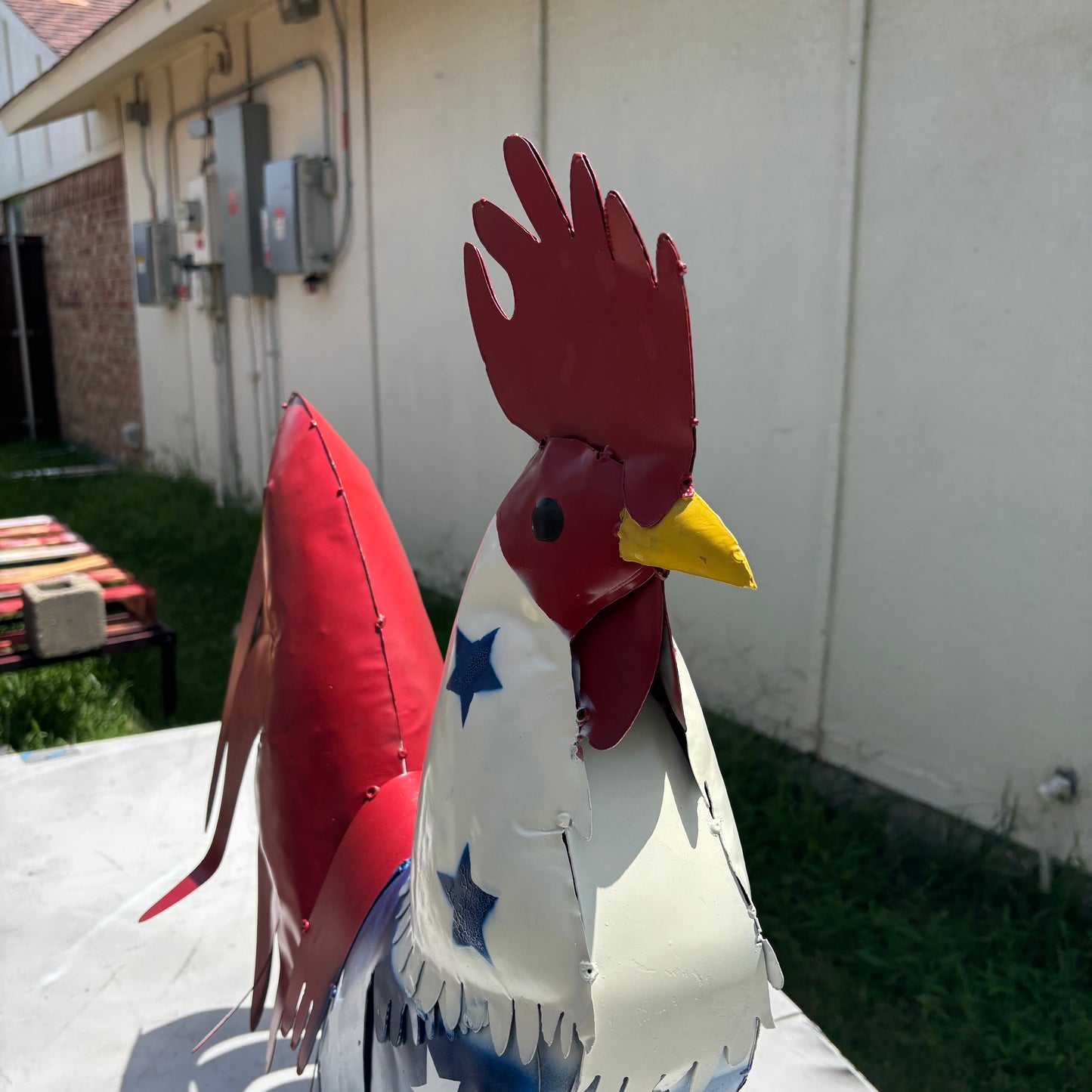 USA FLAG ROOSTER AMERICAN RED WHITE BLUE PATRIOTIC GARDEN METAL SCULPTURE WESTERN HOME DECOR ORNAMENT HANDMADE #34-003