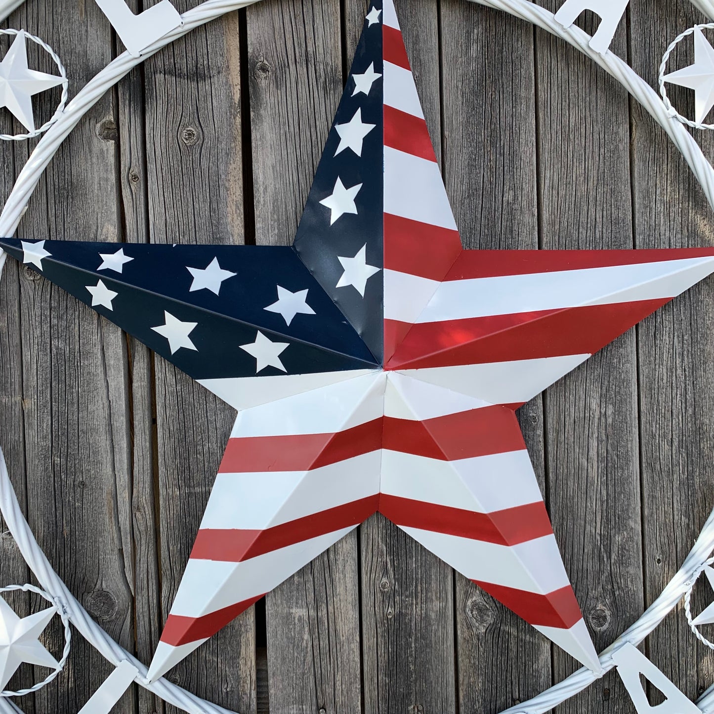 LUNA STYLE CUSTOM NAME BARN STAR METAL STAR 3d TWISTED ROPE RING WESTERN HOME DECOR USA FLAG STAR RED WHOTE & BLUE WITH WHITE RING HANDMADE 24",32",36",50"
