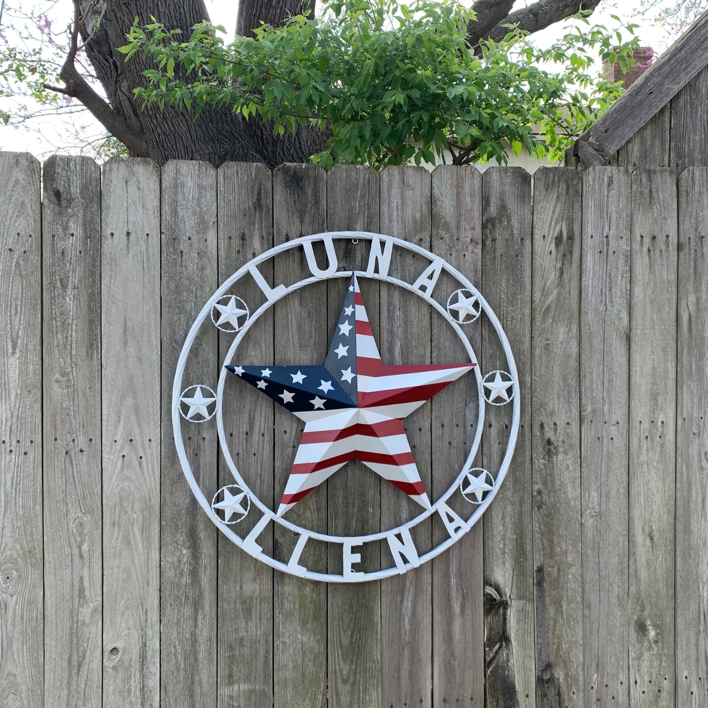 LUNA STYLE CUSTOM NAME BARN STAR METAL STAR 3d TWISTED ROPE RING WESTERN HOME DECOR USA FLAG STAR RED WHOTE & BLUE WITH WHITE RING HANDMADE 24",32",36",50"