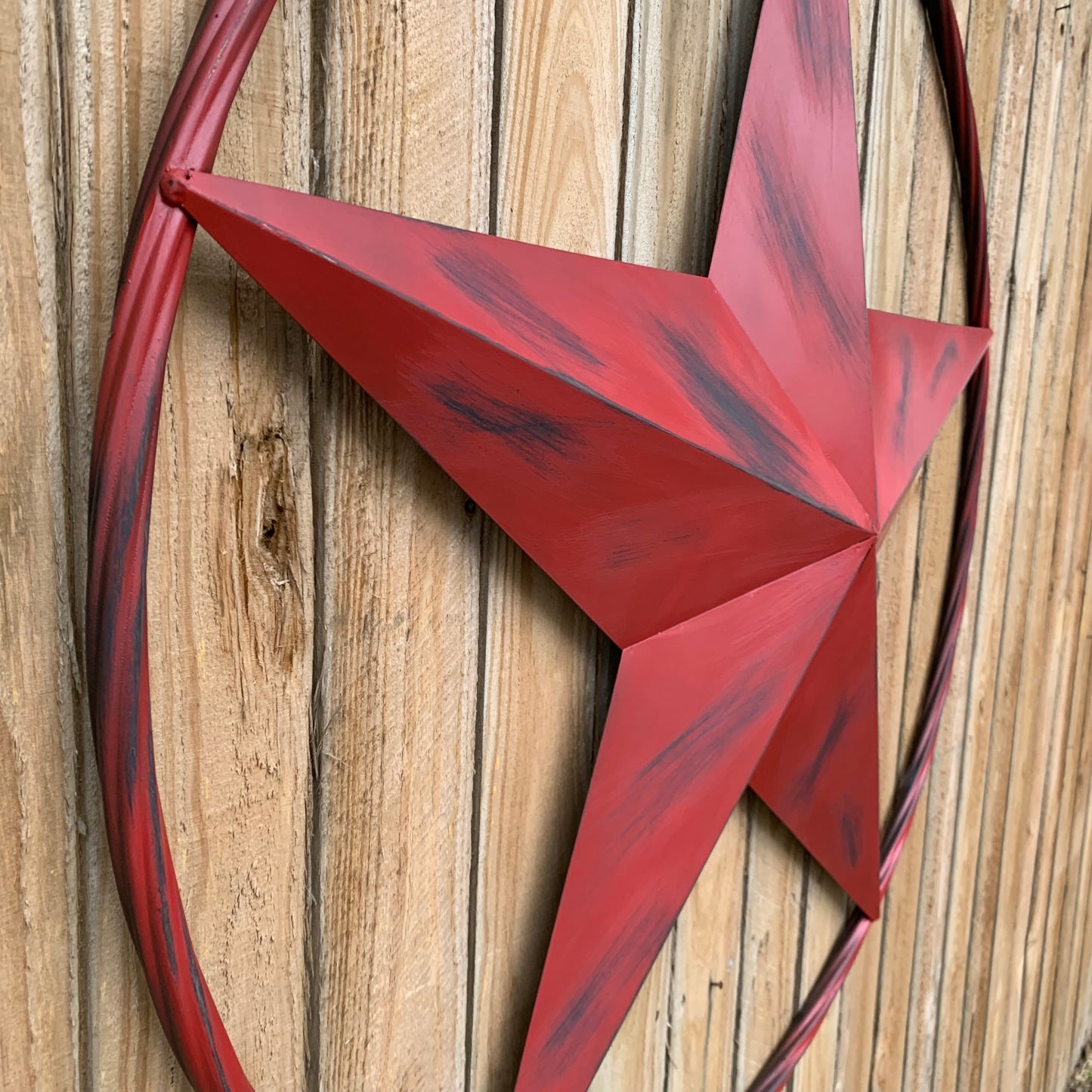 RED DISTRESSED STAR TWO TONE TEXTURE BARN STAR METAL LONESTAR TWISTED ROPE RING WESTERN HOME DECOR HANDMADE NEW #EH12958