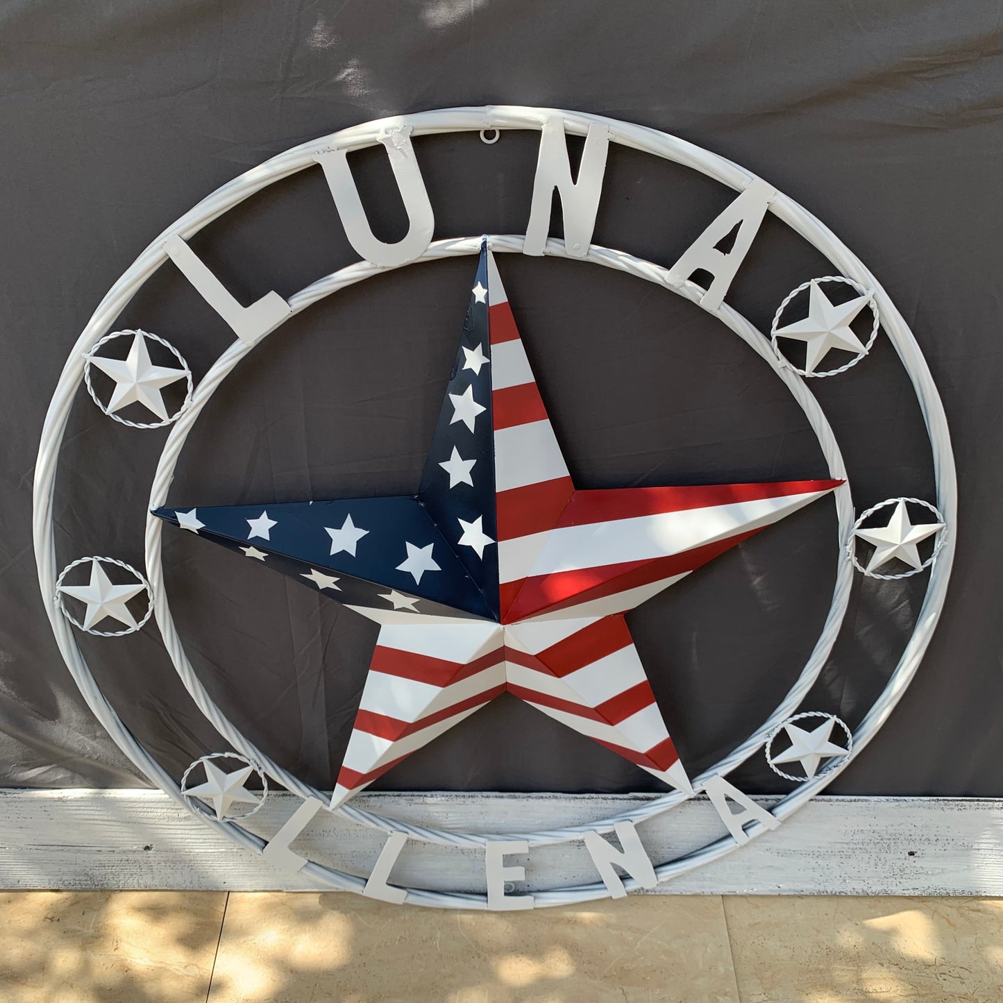 LUNA STYLE CUSTOM NAME BARN STAR METAL STAR 3d TWISTED ROPE RING WESTERN HOME DECOR USA FLAG STAR RED WHOTE & BLUE WITH WHITE RING HANDMADE 24",32",36",50"