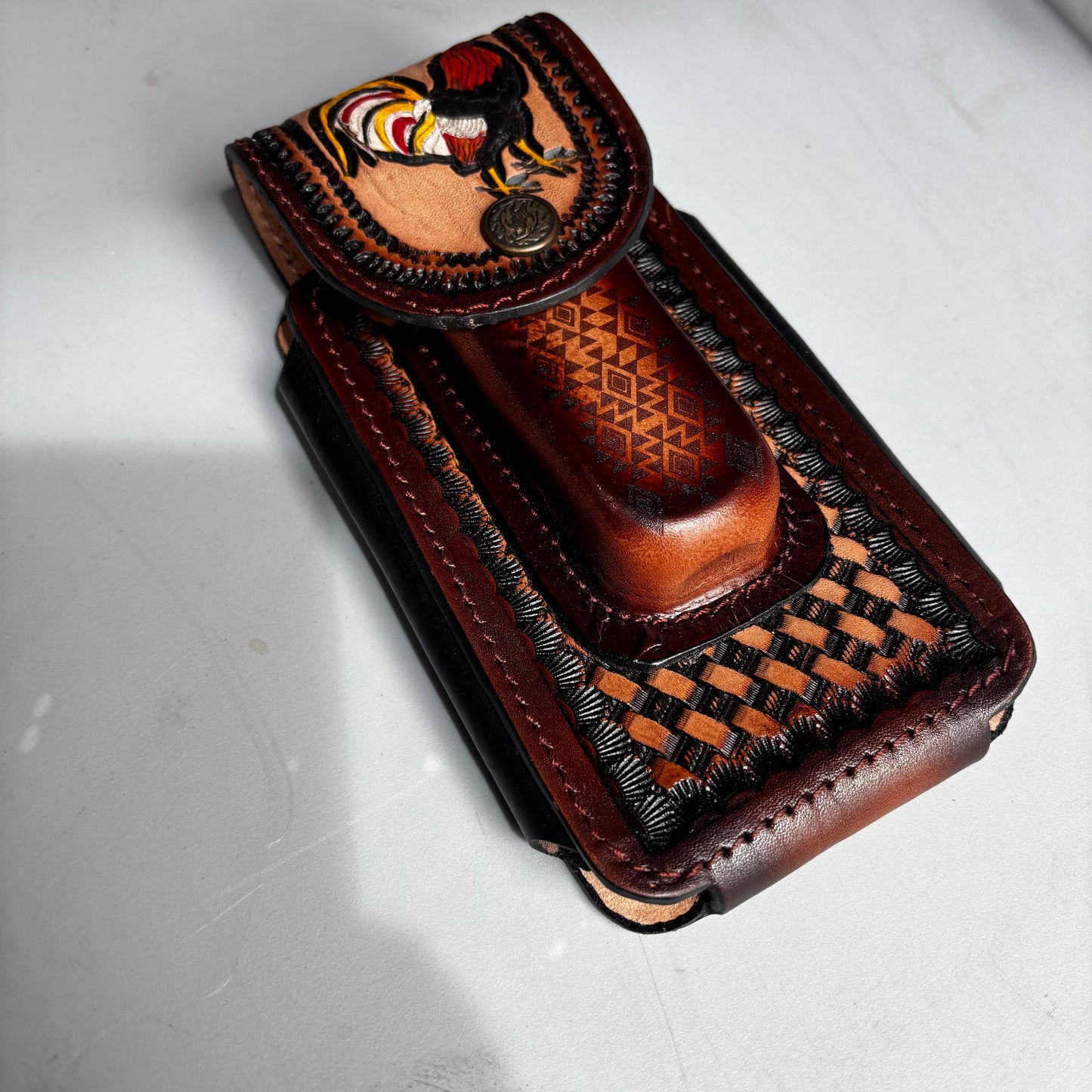 ROOSTER LEATHER HOLSTER 7" PHONE POUCH WITH KNIFE HOLDER FRONT EXTRA LARGE  BELT LOOP CELL PHONE CASE UNIVERSAL OVERSIZE MADE IN MEXICO #EH13860