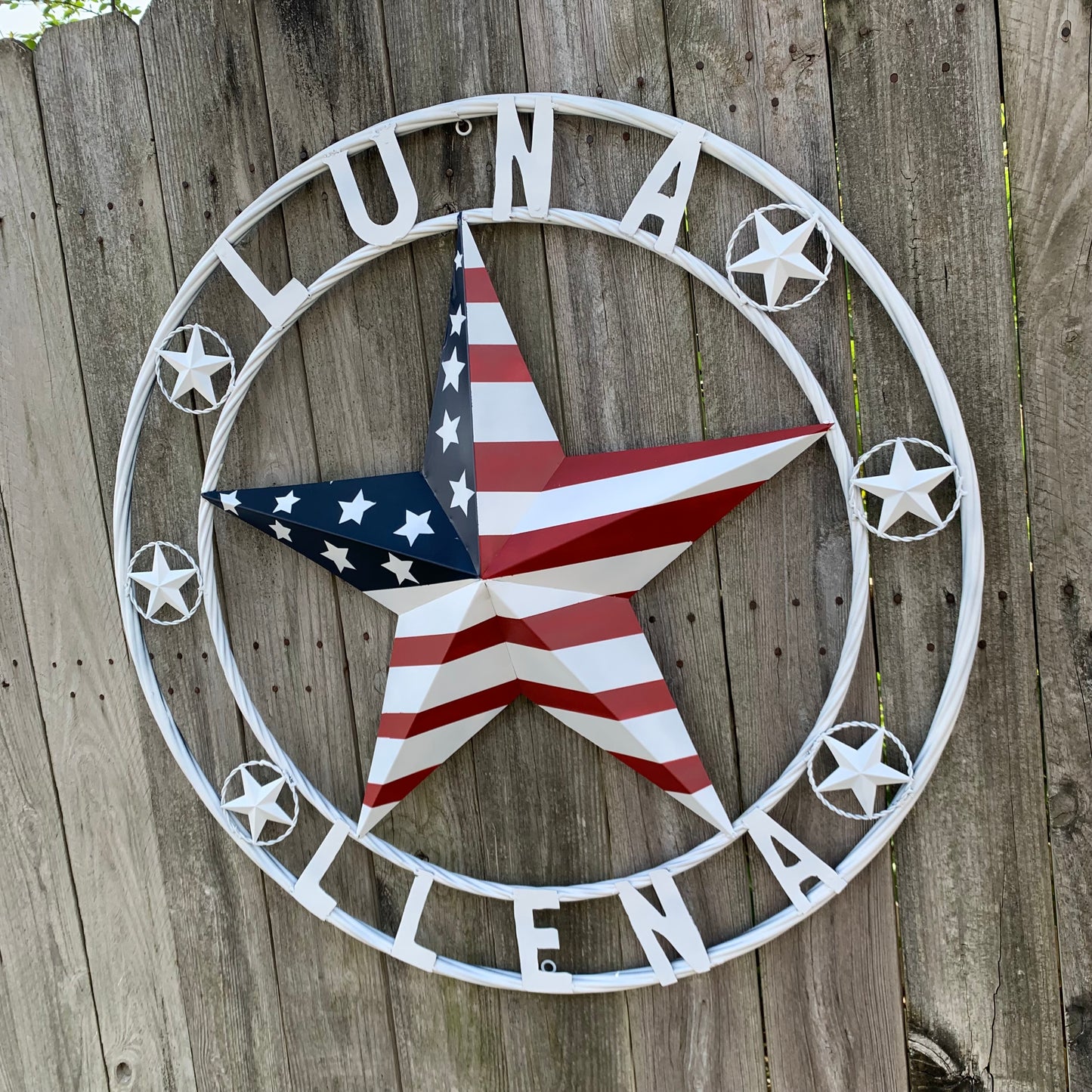 LUNA STYLE CUSTOM NAME BARN STAR METAL STAR 3d TWISTED ROPE RING WESTERN HOME DECOR USA FLAG STAR RED WHOTE & BLUE WITH WHITE RING HANDMADE 24",32",36",50"