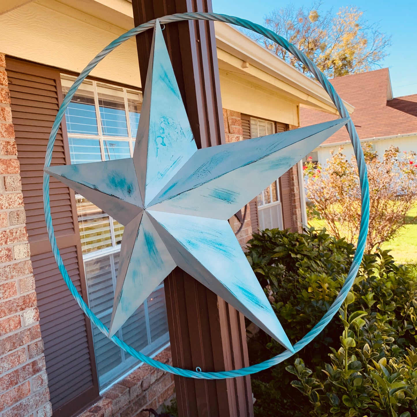 #EH11219 TURQUOISE WHITE DISTRESSED STAR TWO TONE TEXTURE BARN STAR METAL LONESTAR TWISTED ROPE RING WESTERN HOME DECOR HANDMADE NEW