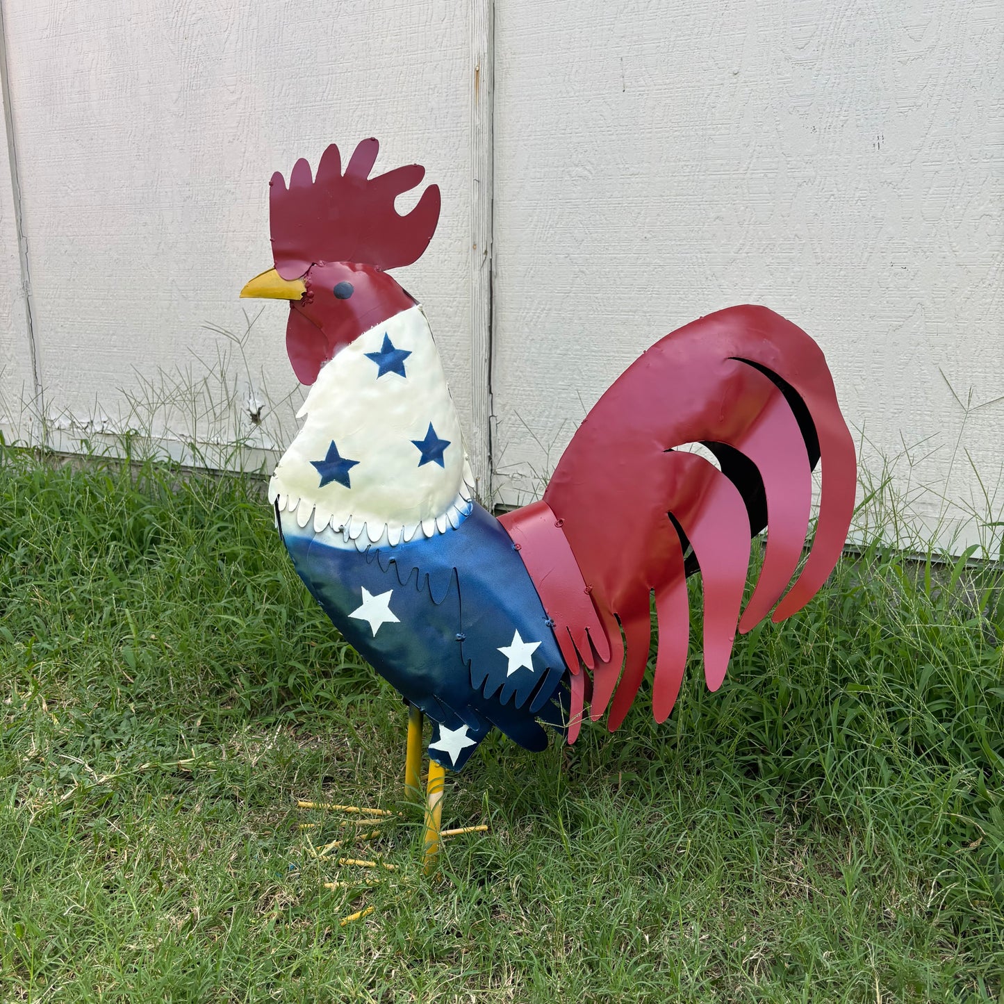 USA FLAG ROOSTER AMERICAN RED WHITE BLUE PATRIOTIC GARDEN METAL SCULPTURE WESTERN HOME DECOR ORNAMENT HANDMADE #34-003