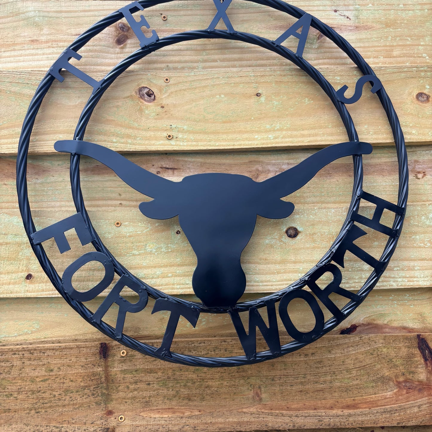 TEXAS FORT WORTH METAL SIGN LONGHORNS BLACK WESTERN HOME DECOR HANDMADE