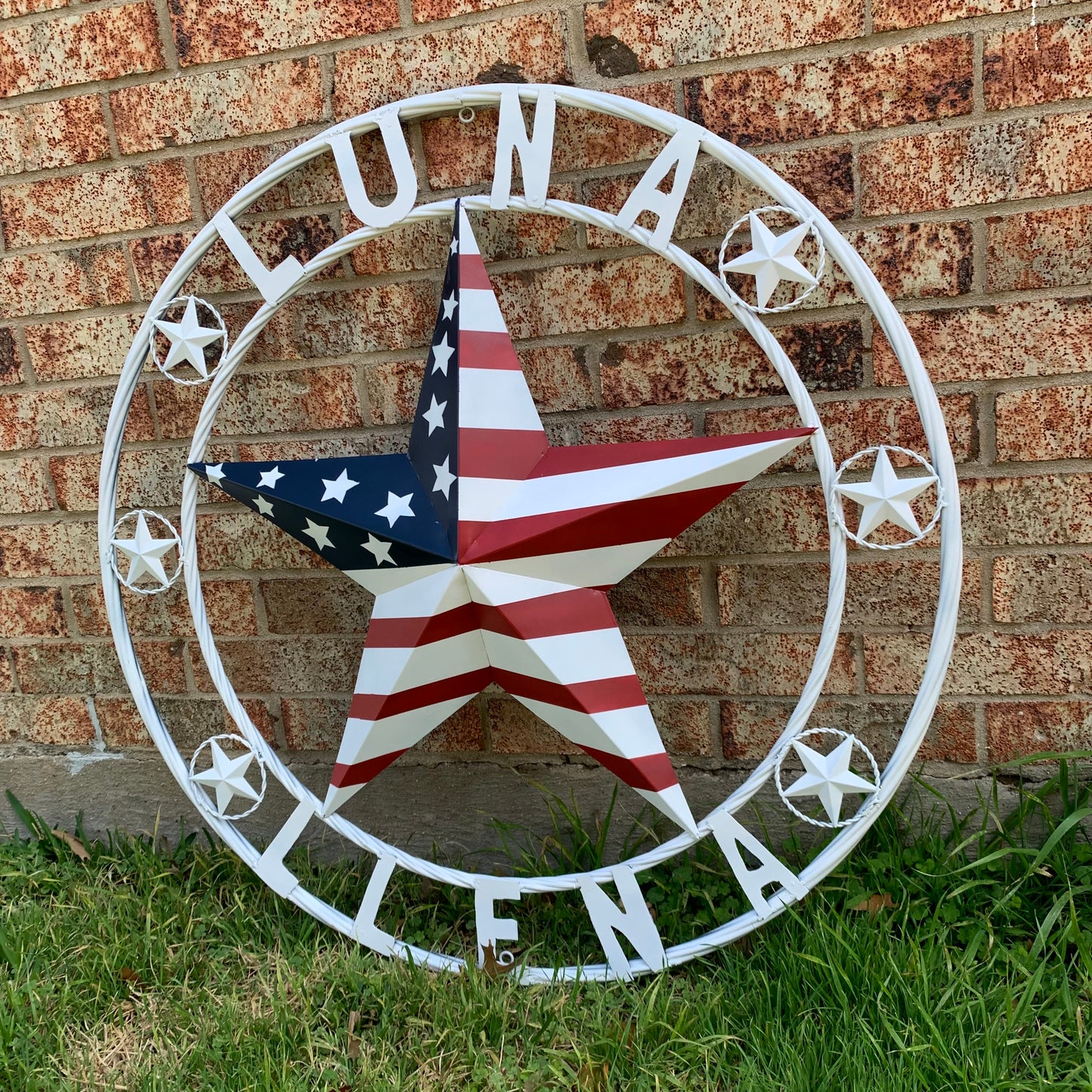 LUNA STYLE CUSTOM NAME BARN STAR METAL STAR 3d TWISTED ROPE RING WESTERN HOME DECOR USA FLAG STAR RED WHOTE & BLUE WITH WHITE RING HANDMADE 24",32",36",50"