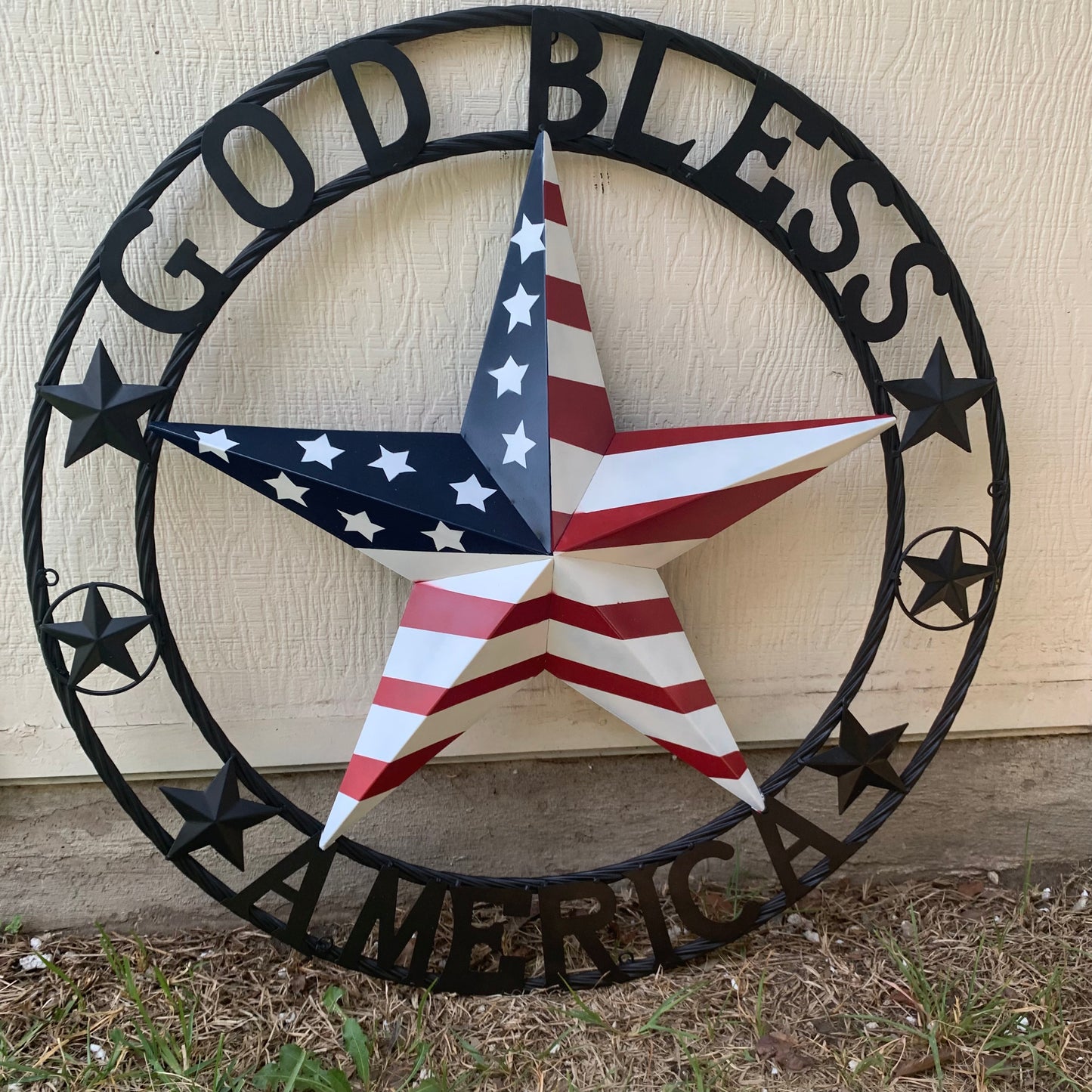 GOD BLESS AMERICA USA FLAG 3d STAR METAL BARN STAR BLACK TWISTED ROPE RING WALL ART WESTERN HOME DECOR RED WHITE & BLUE HANDMADE NEW #EH10490