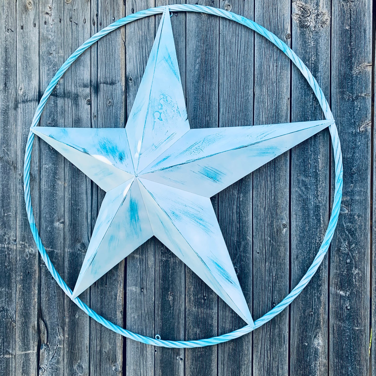 #EH11219 TURQUOISE WHITE DISTRESSED STAR TWO TONE TEXTURE BARN STAR METAL LONESTAR TWISTED ROPE RING WESTERN HOME DECOR HANDMADE NEW