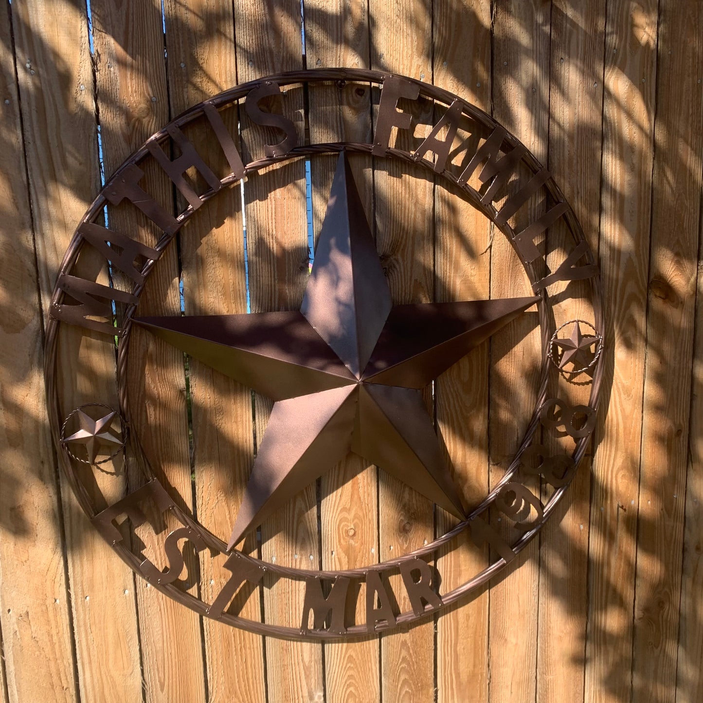 MATHIS STYLE CUSTOM NAME STAR BARN STAR 3d METAL LONESTAR TWISTED ROPE RING WESTERN HOME DECOR RUSTIC BRONZE COPPER HANDMADE 24",32",36",50"