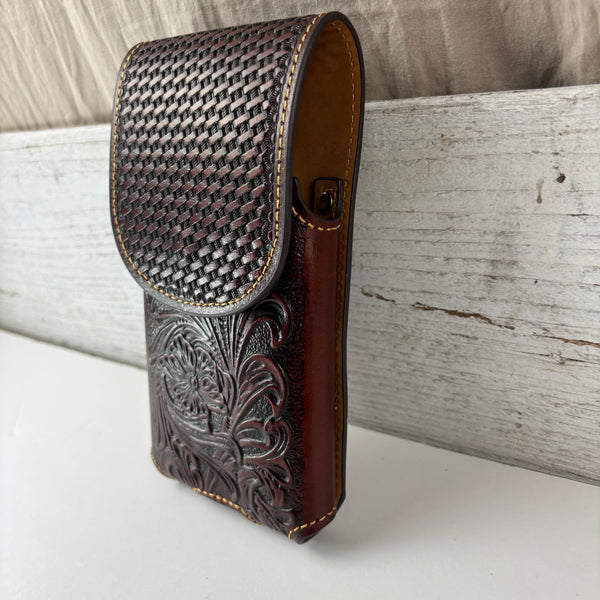 7" PLAIN FLORAL LEATHER HOLSTER BROWN STAR POUCH EXTRA LARGE  BELT LOOP CELL PHONE CASE UNIVERSAL OVERSIZE