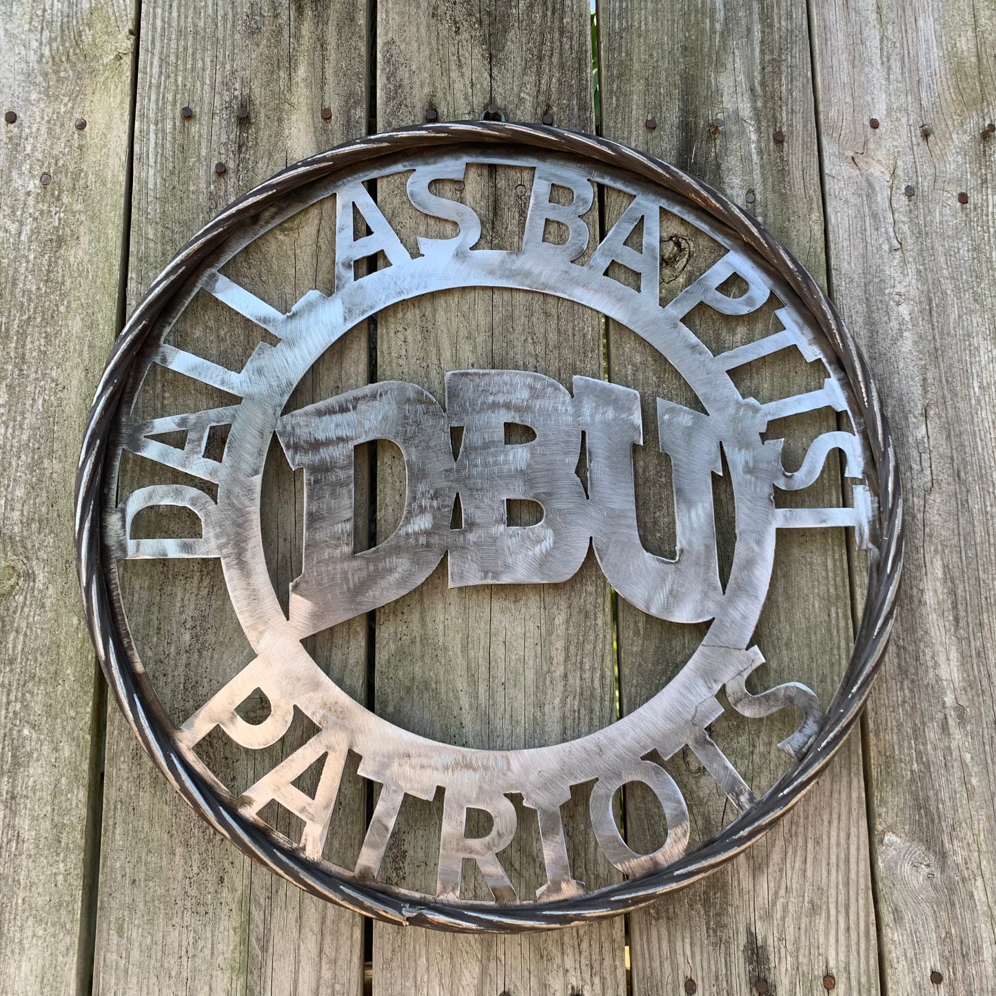 DBU DALLAS BAPTIST PATRIOTS CUSTOM RAW METAL NO PAINT VINTAGE METAL CRAFT SIGN TEAM WESTERN HOME DECOR HANDMADE