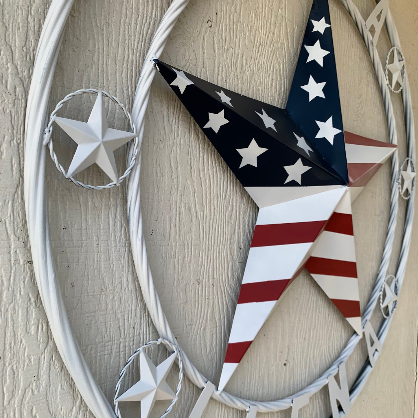LUNA STYLE CUSTOM NAME BARN STAR METAL STAR 3d TWISTED ROPE RING WESTERN HOME DECOR USA FLAG STAR RED WHOTE & BLUE WITH WHITE RING HANDMADE 24",32",36",50"