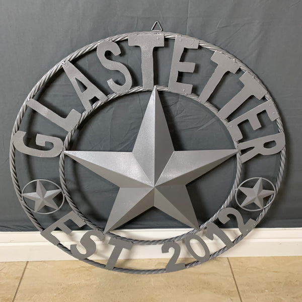 GLASTETTER STYLE YOUR CUSTOM NAME BARN STAR 3d METAL LONE STAR TWISTED ROPE RING WESTERN HOME DECOR RUSTIC GREY HANDMADE 24",32",36",50"