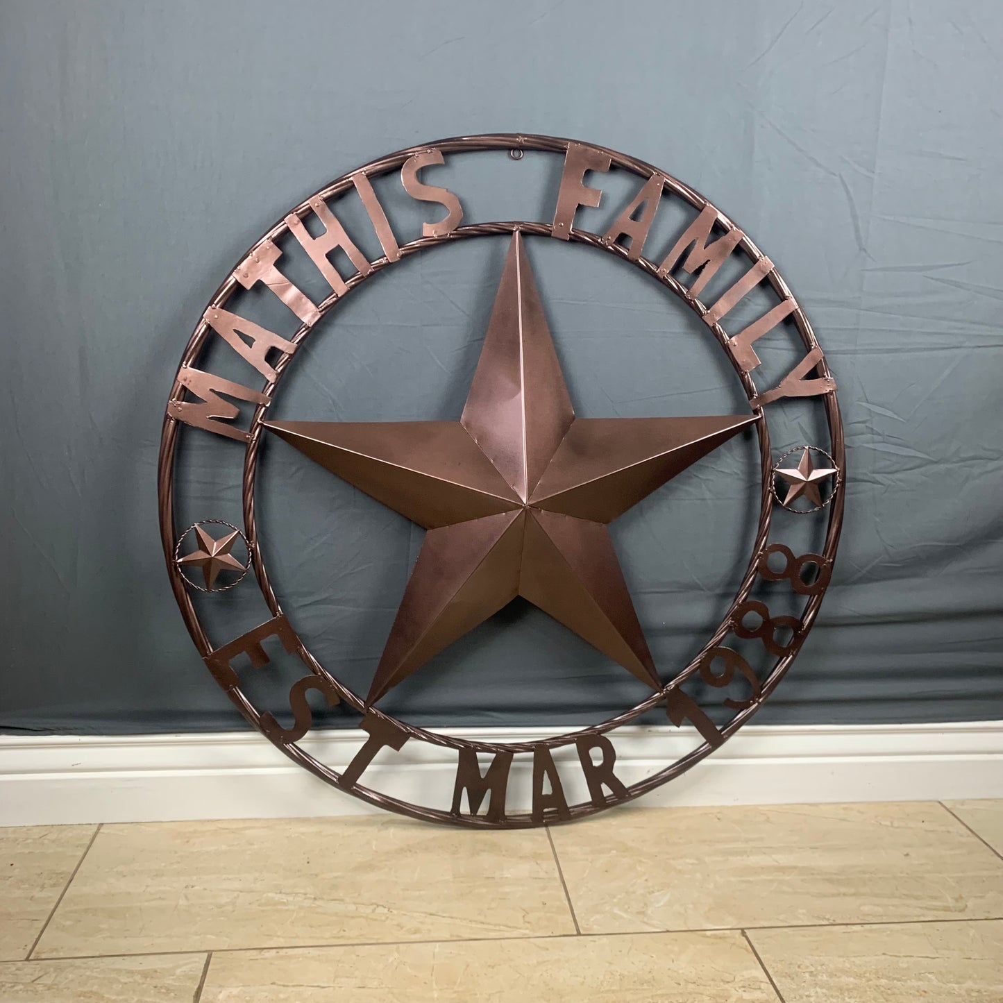 MATHIS STYLE CUSTOM NAME STAR BARN STAR 3d METAL LONESTAR TWISTED ROPE RING WESTERN HOME DECOR RUSTIC BRONZE COPPER HANDMADE 24",32",36",50"