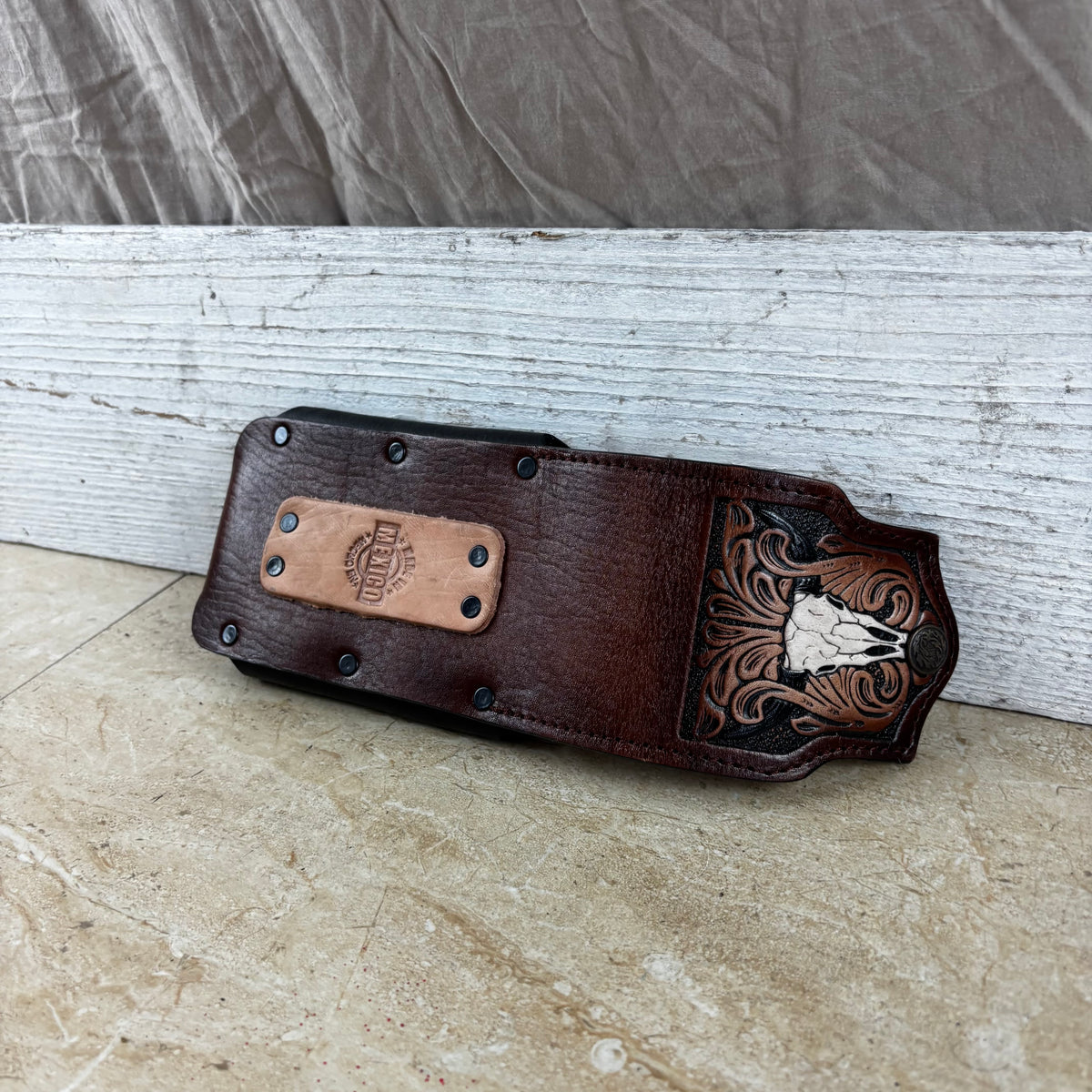 ROOSTER LEATHER HOLSTER 7" PHONE POUCH WITH KNIFE HOLDER FRONT EXTRA LARGE  BELT LOOP CELL PHONE CASE UNIVERSAL OVERSIZE MADE IN MEXICO #EH13860