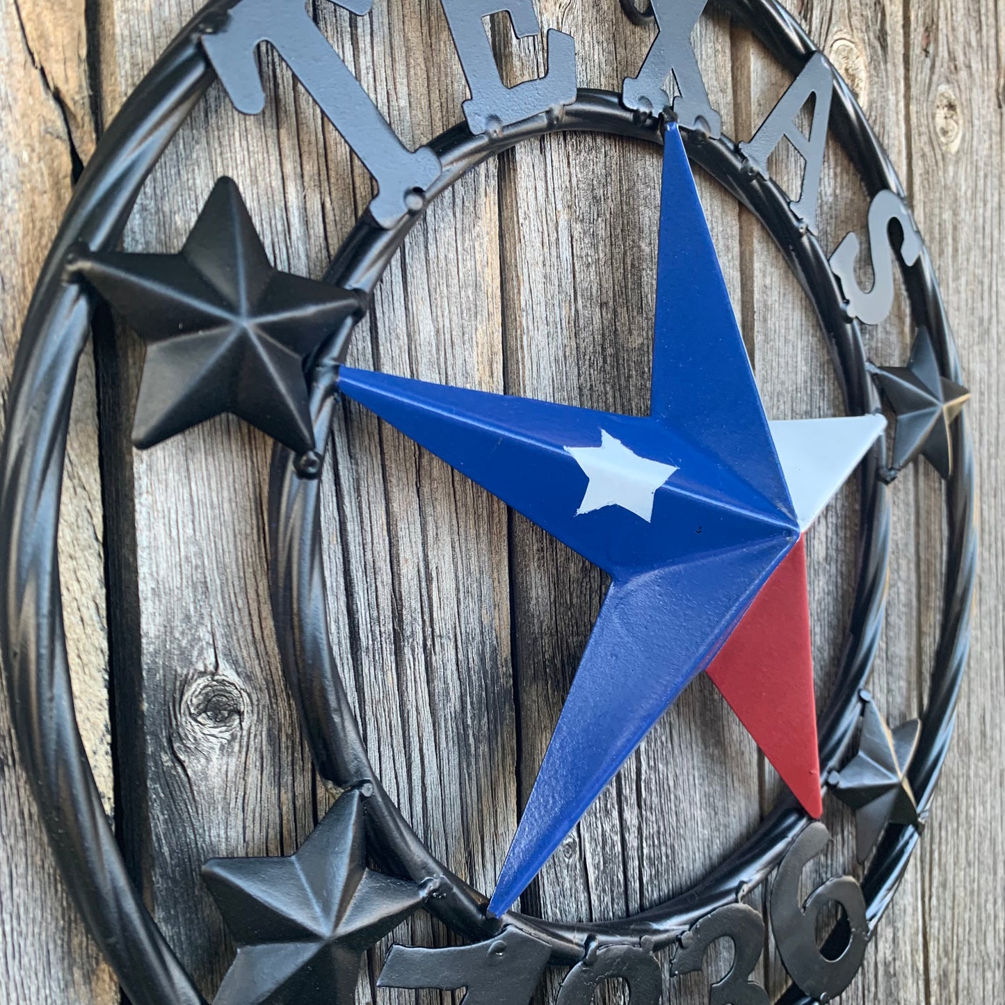 TEXAS FLAG STAR RED WHT BLUE STAR & BLACK RING METAL BARN LONE STAR WESTERN HOME DECOR HANDMADE NEW 12",18",24",36",50"