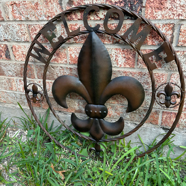 24" WELCOME FLEUR DE LIS METAL WALL ART WESTERN HOME DECOR BROWN NEW #EH11997