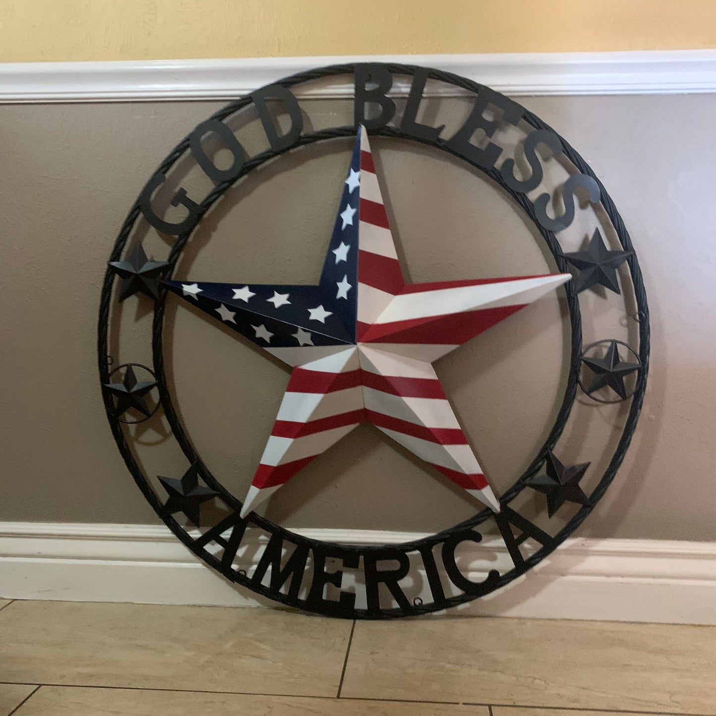 GOD BLESS AMERICA USA FLAG 3d STAR METAL BARN STAR BLACK TWISTED ROPE RING WALL ART WESTERN HOME DECOR RED WHITE & BLUE HANDMADE NEW #EH10490