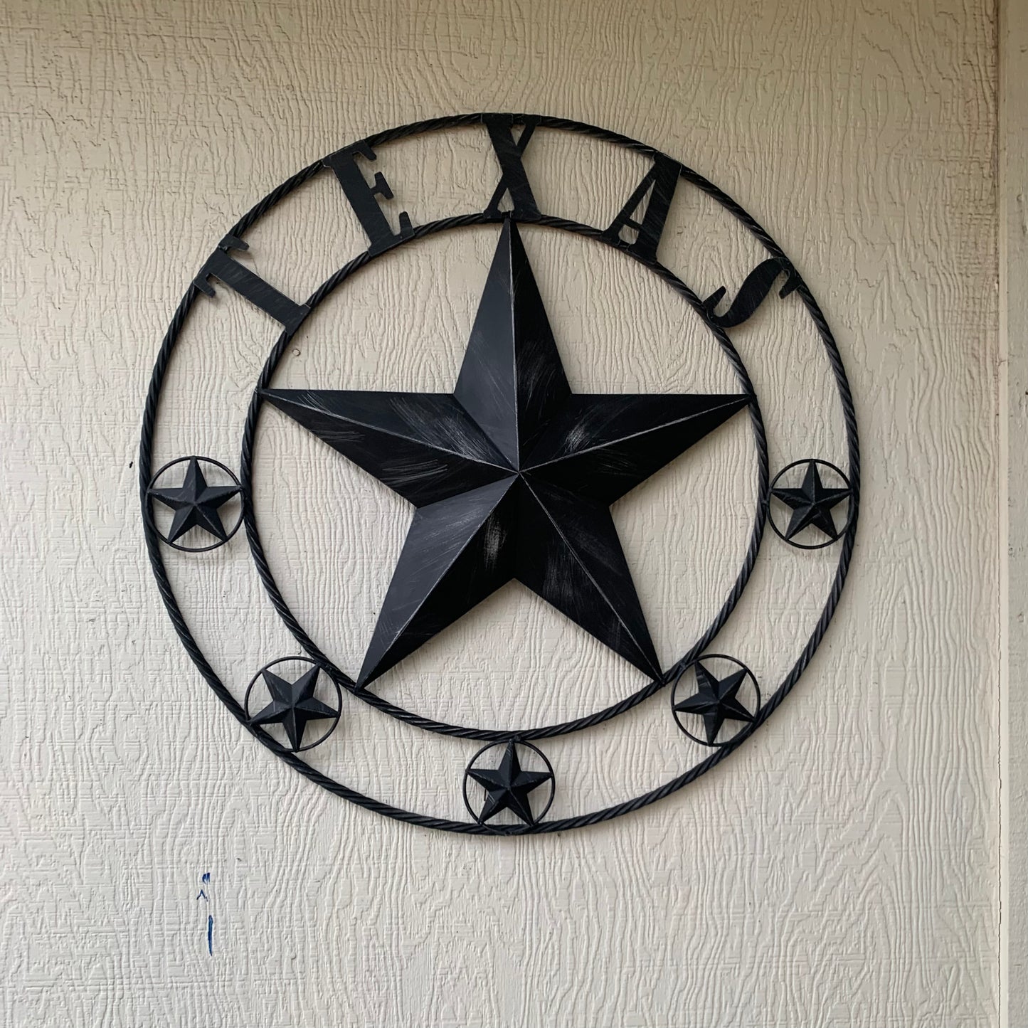 TEXAS BLACK DISTRESSED STAR TWO TONE TEXTURE BARN STAR METAL LONESTAR TWISTED ROPE RING WESTERN HOME DECOR HANDMADE NEW