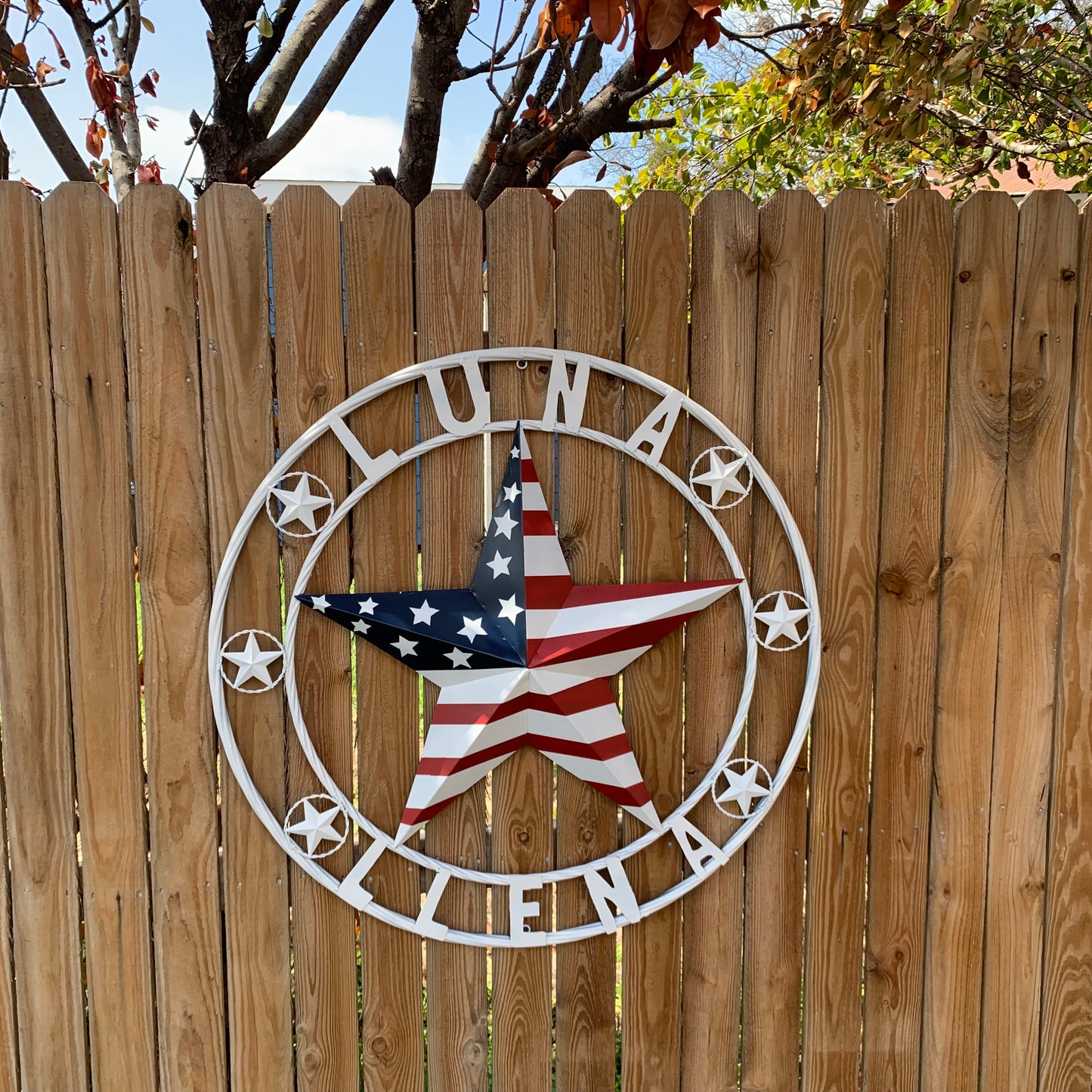 LUNA STYLE CUSTOM NAME BARN STAR METAL STAR 3d TWISTED ROPE RING WESTERN HOME DECOR USA FLAG STAR RED WHOTE & BLUE WITH WHITE RING HANDMADE 24",32",36",50"