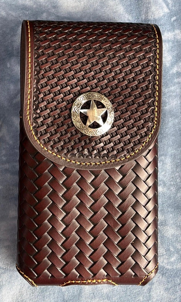 7" LONE STAR LEATHER HOLSTER TAN BROWN STAR POUCH EXTRA LARGE  BELT LOOP CELL PHONE CASE UNIVERSAL OVERSIZE #EH12702