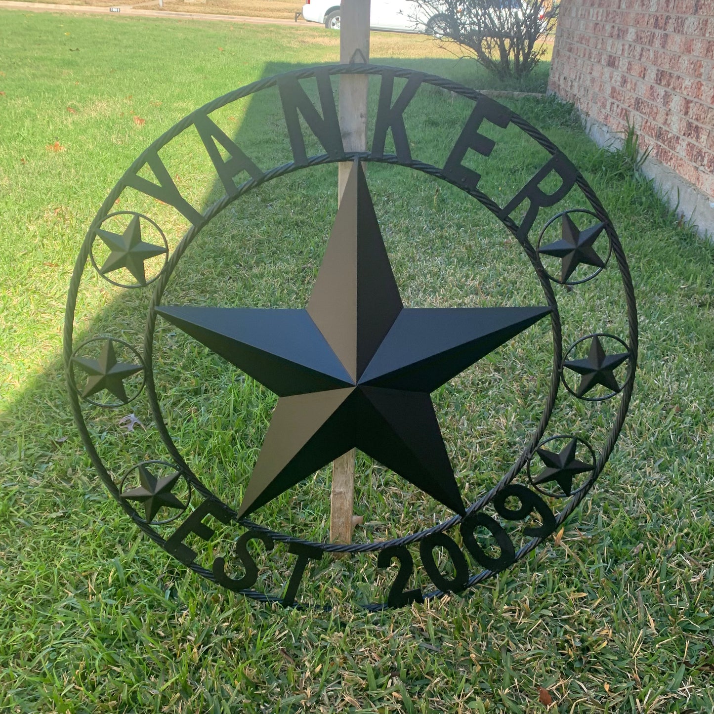 YANKER STYLE CUSTOM NAME STAR BARN METAL STAR 3d TWISTED ROPE RING WESTERN HOME DECOR RUSTIC BLACK HANDMADE 24",32",36",50"