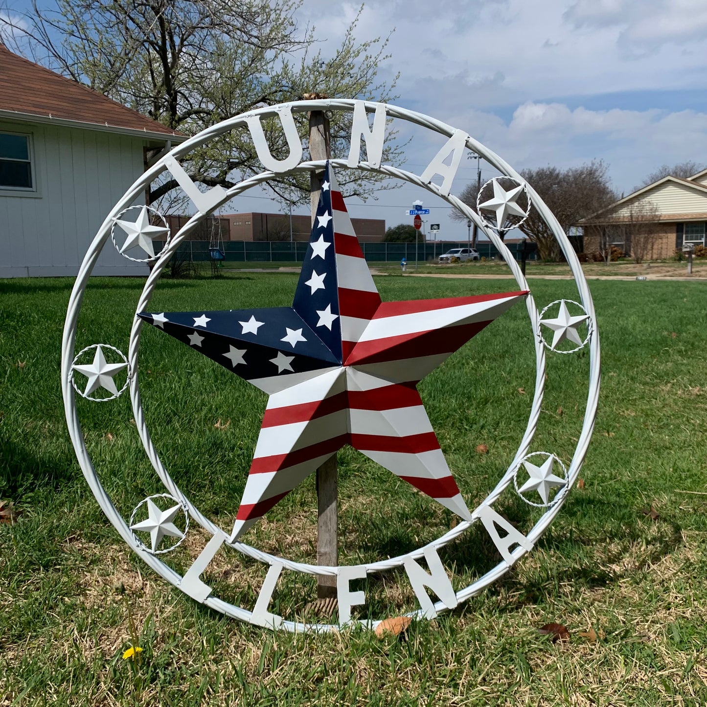 LUNA STYLE CUSTOM NAME BARN STAR METAL STAR 3d TWISTED ROPE RING WESTERN HOME DECOR USA FLAG STAR RED WHOTE & BLUE WITH WHITE RING HANDMADE 24",32",36",50"