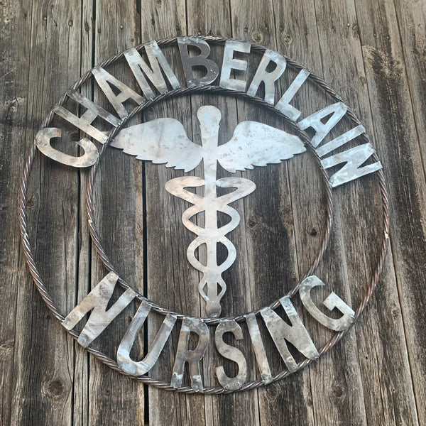 CUSTOM NAME CHAMBERLAIN NURSING STYLE TWISTIED RING BARN RUSTIC BRONZE METAL SIGN WESTERN HOME DECOR HANDMADE 24",32",36"