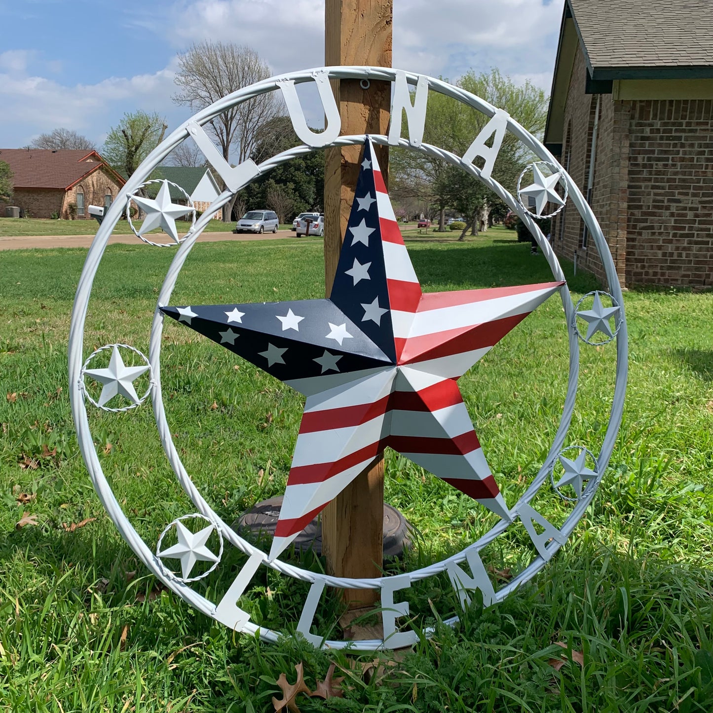 LUNA STYLE CUSTOM NAME BARN STAR METAL STAR 3d TWISTED ROPE RING WESTERN HOME DECOR USA FLAG STAR RED WHOTE & BLUE WITH WHITE RING HANDMADE 24",32",36",50"