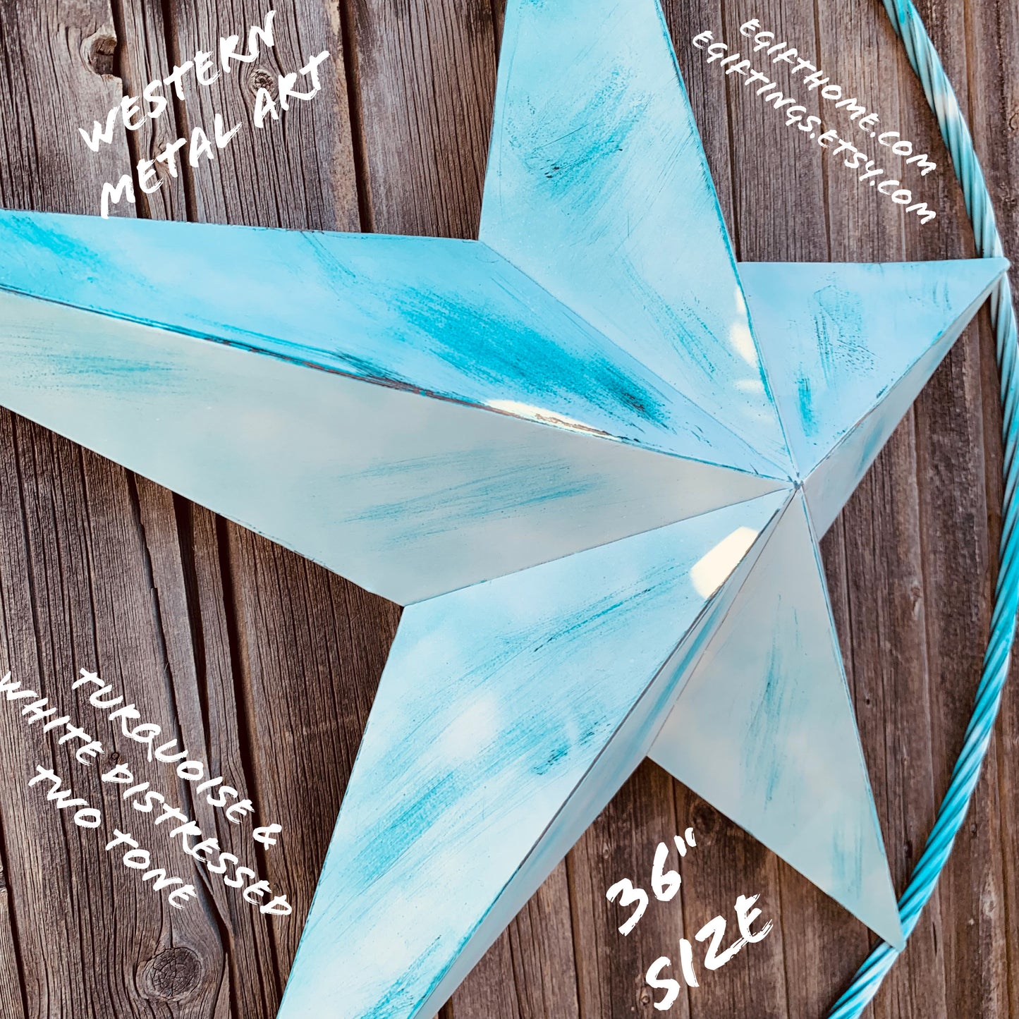 #EH11219 TURQUOISE WHITE DISTRESSED STAR TWO TONE TEXTURE BARN STAR METAL LONESTAR TWISTED ROPE RING WESTERN HOME DECOR HANDMADE NEW