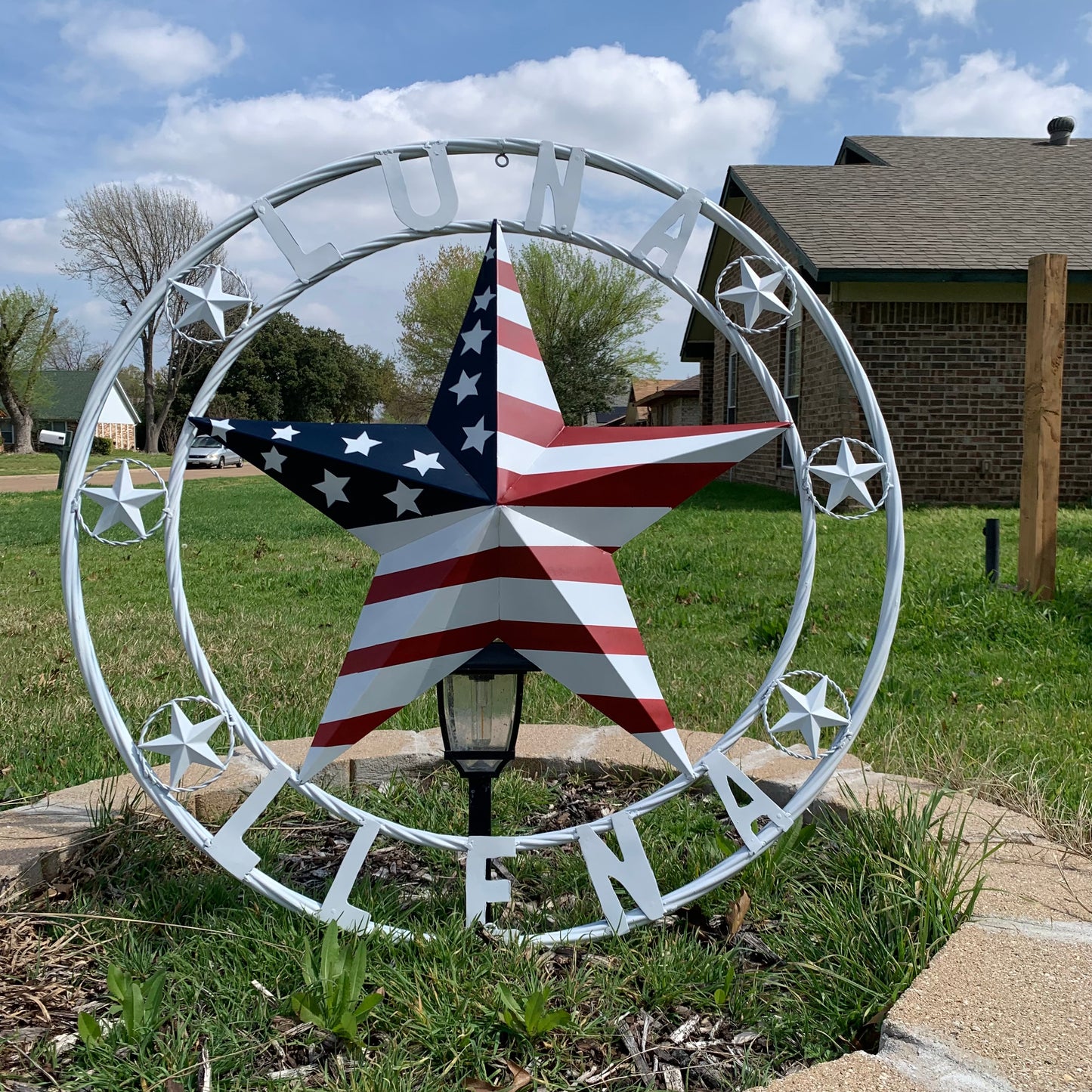 LUNA STYLE CUSTOM NAME BARN STAR METAL STAR 3d TWISTED ROPE RING WESTERN HOME DECOR USA FLAG STAR RED WHOTE & BLUE WITH WHITE RING HANDMADE 24",32",36",50"
