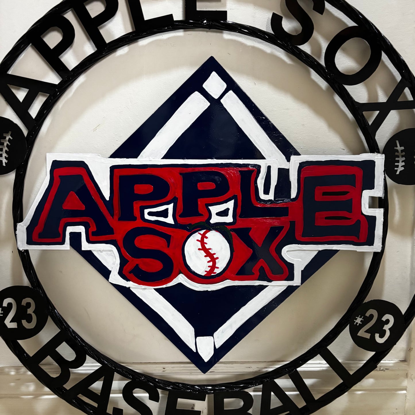 APPLE SOX BASEBALL CUSTOM METAL VINTAGE CRAFT SIGN TEAM NAVY BLUE WHITE RED HANDMADE