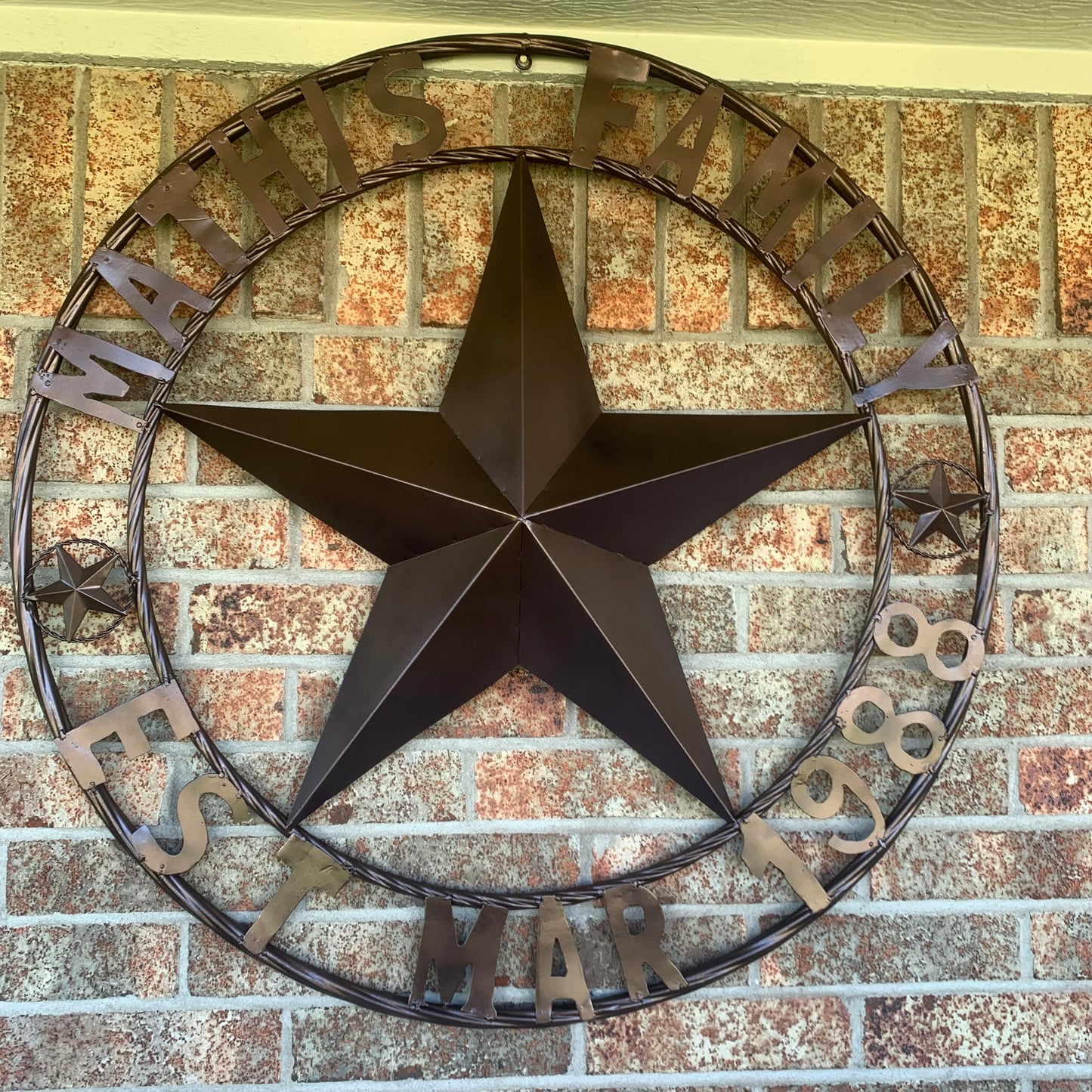 MATHIS STYLE CUSTOM NAME STAR BARN STAR 3d METAL LONESTAR TWISTED ROPE RING WESTERN HOME DECOR RUSTIC BRONZE COPPER HANDMADE 24",32",36",50"