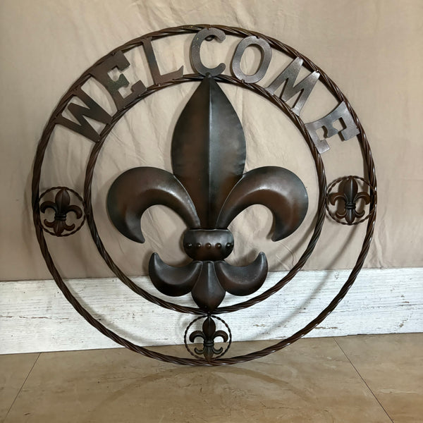 24" WELCOME FLEUR DE LIS METAL WALL ART WESTERN HOME DECOR BROWN NEW #EH11997