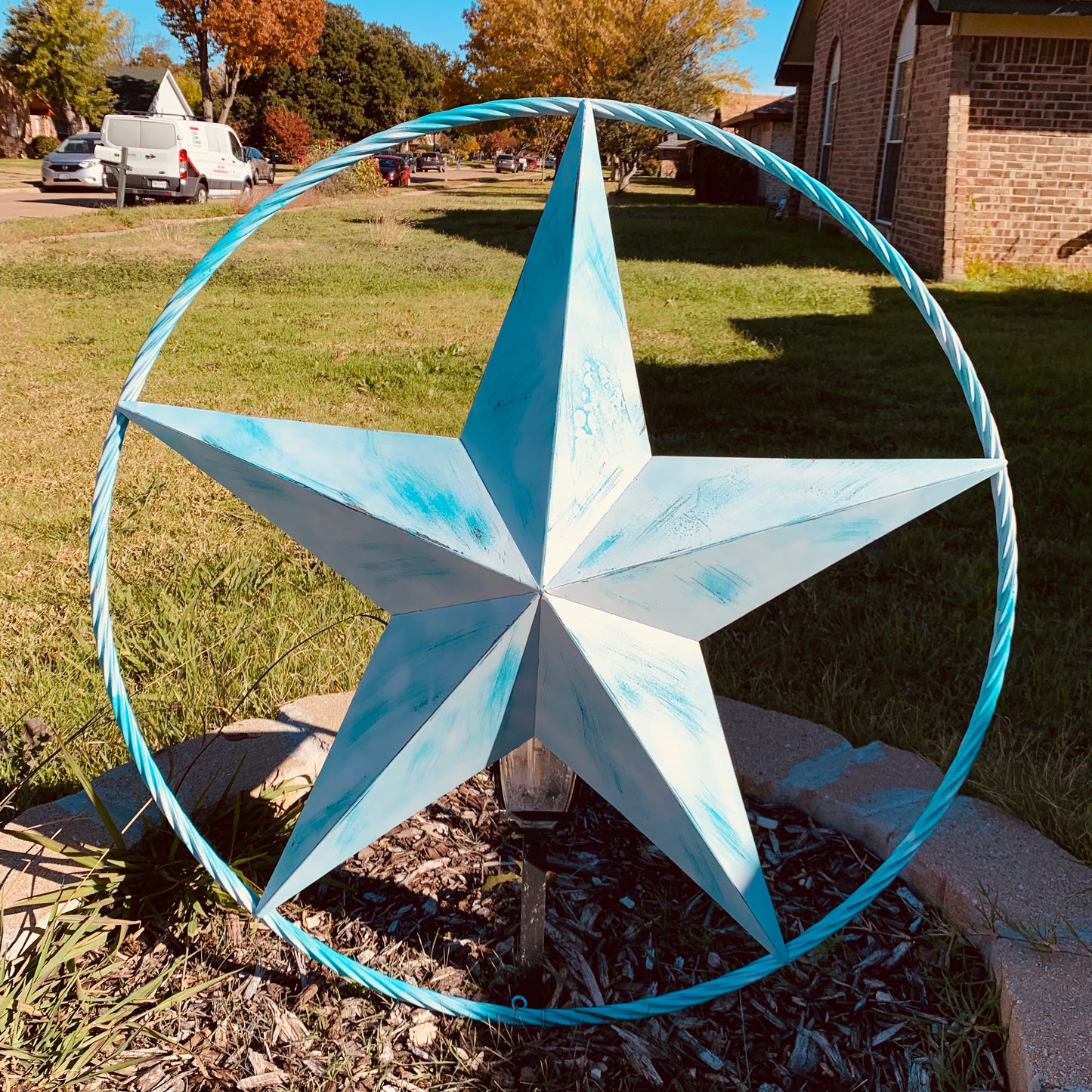#EH11219 TURQUOISE WHITE DISTRESSED STAR TWO TONE TEXTURE BARN STAR METAL LONESTAR TWISTED ROPE RING WESTERN HOME DECOR HANDMADE NEW